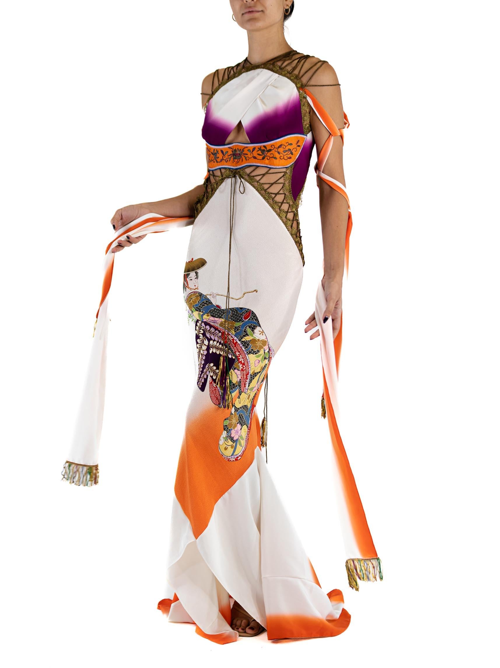 MORPHEW ATELIER Jewel-Tone Bias Cut Japanese Kimono Silk Hand Painted Gown With In Excellent Condition In New York, NY
