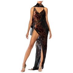 MORPHEW ATELIER Jewel-Tone & Black Rayon Silk Burnout Velvet Bias Cut Fringed G