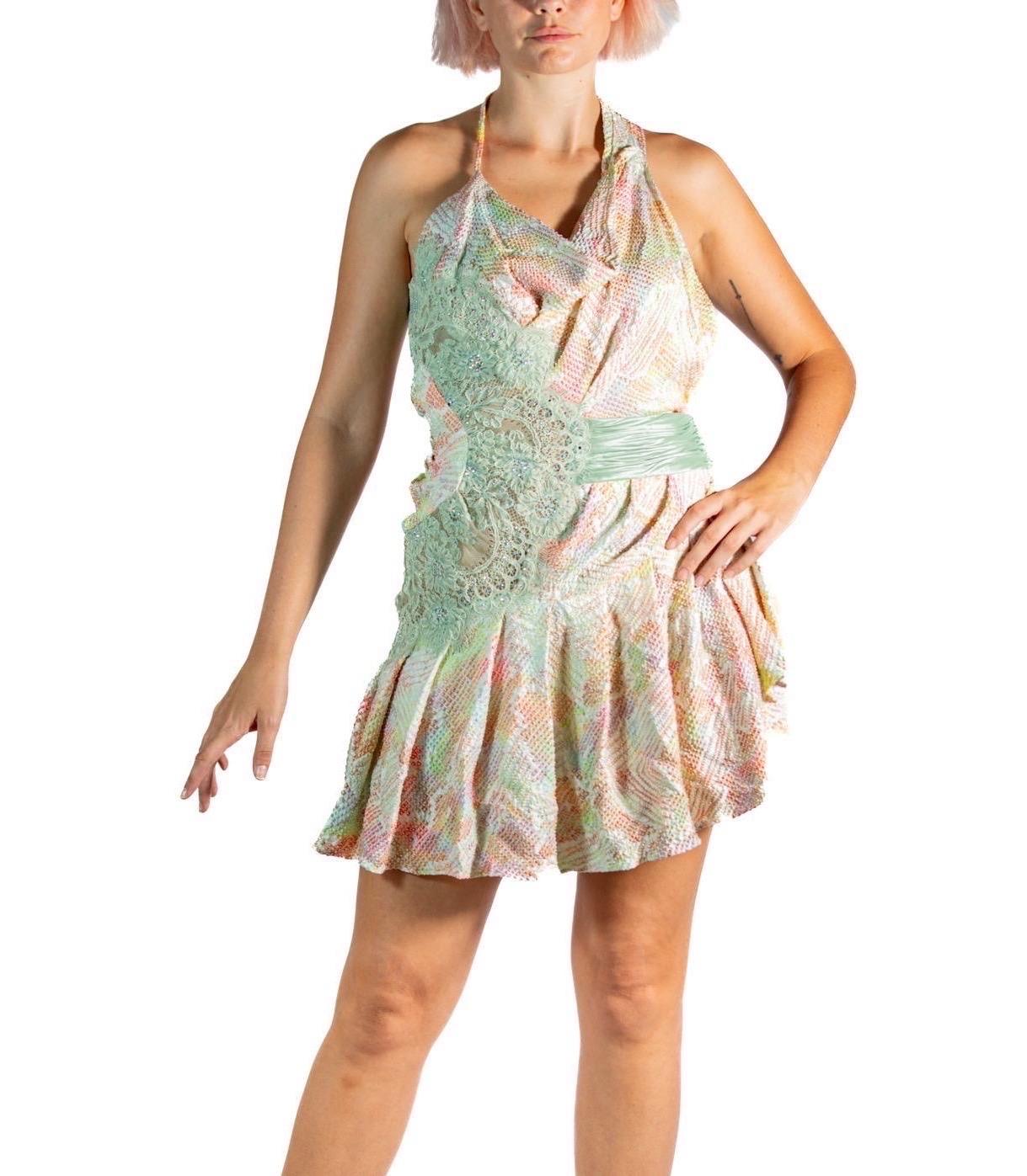 Women's Morphew Atelier Mint Green Pastel Japanese Kimono Silk Shibori & Lace Mini Cock