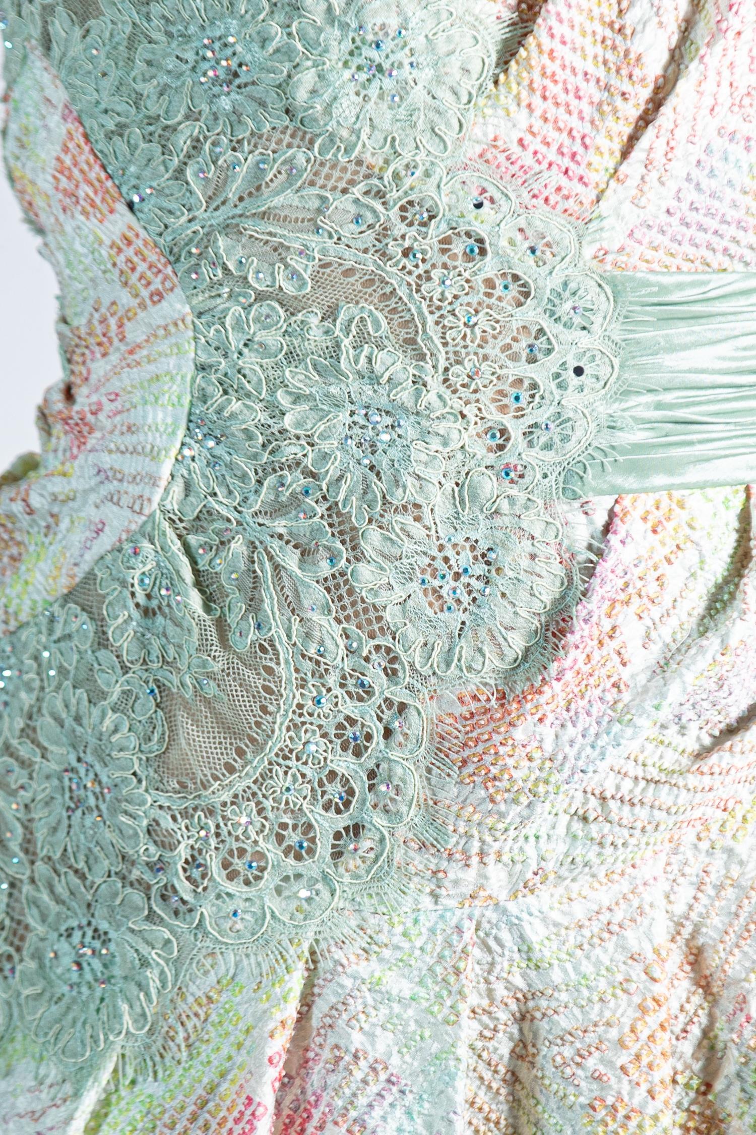 Morphew Atelier Mint Green Pastel Japanese Kimono Silk Shibori & Lace Mini Cock 3