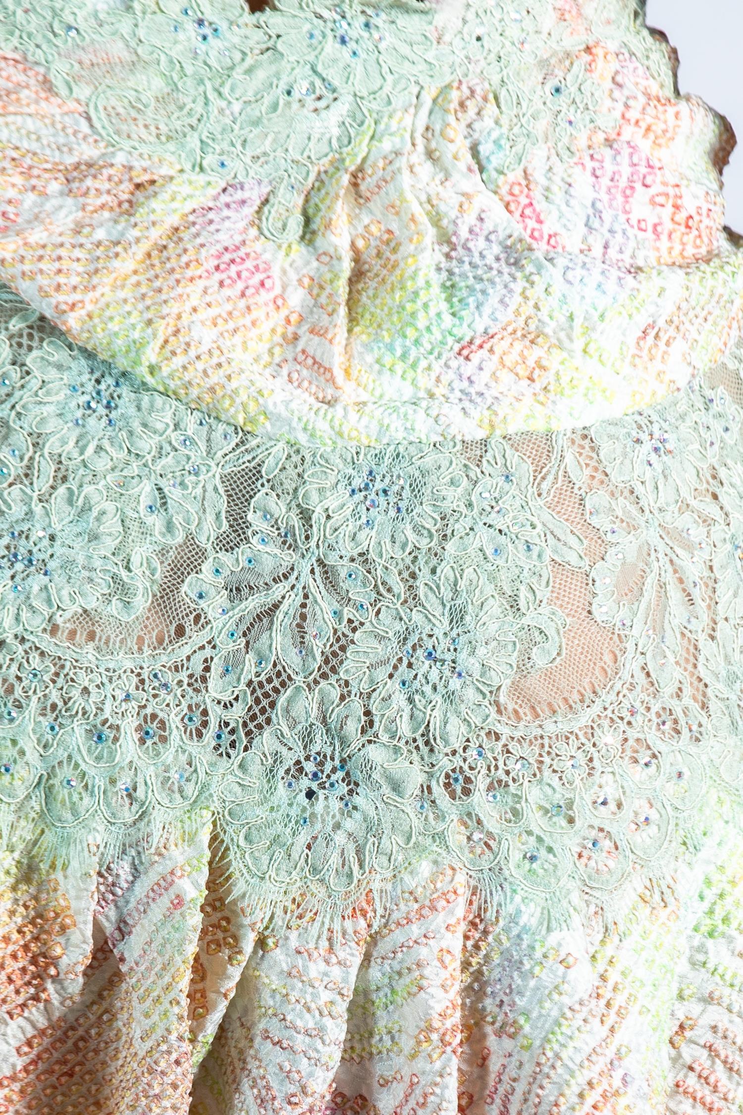 Morphew Atelier Mint Green Pastel Japanese Kimono Silk Shibori & Lace Mini Cock 4