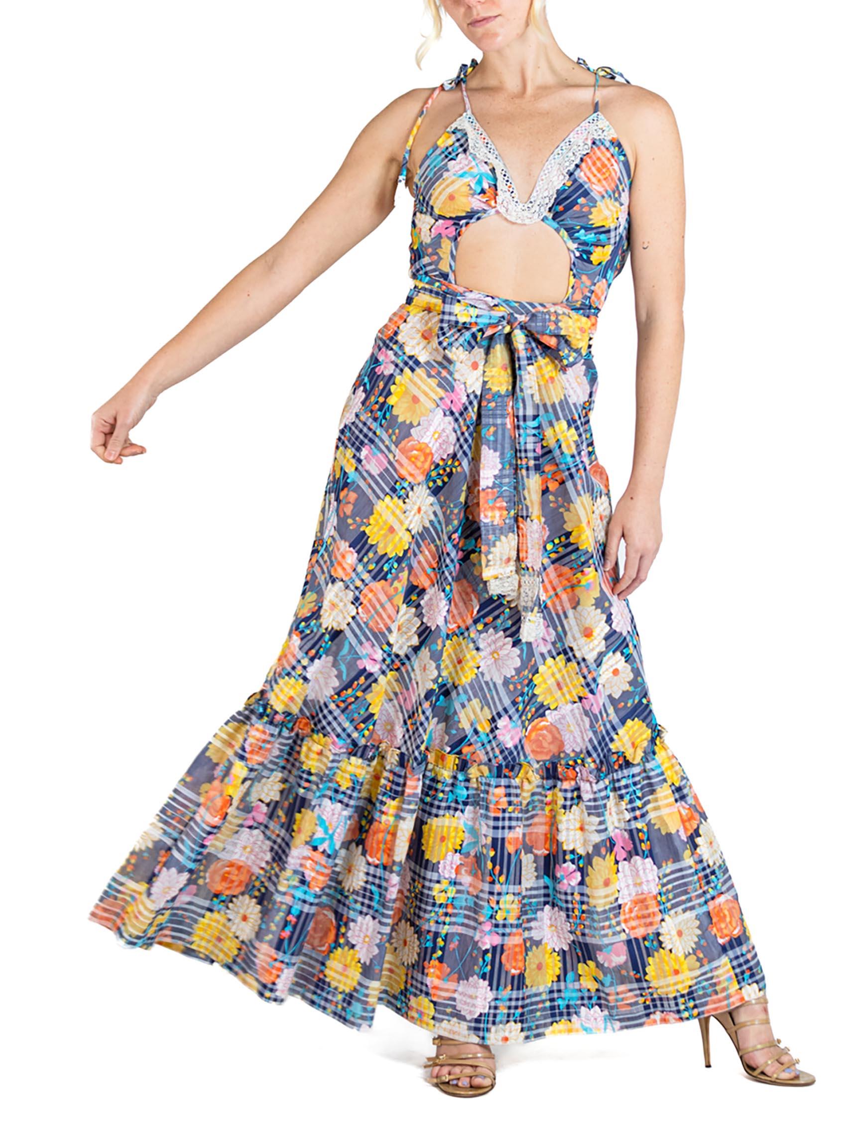 MORPHEW ATELIER Multicolor Blue Floral Backless Cut-Out Summer Dress For Sale 6