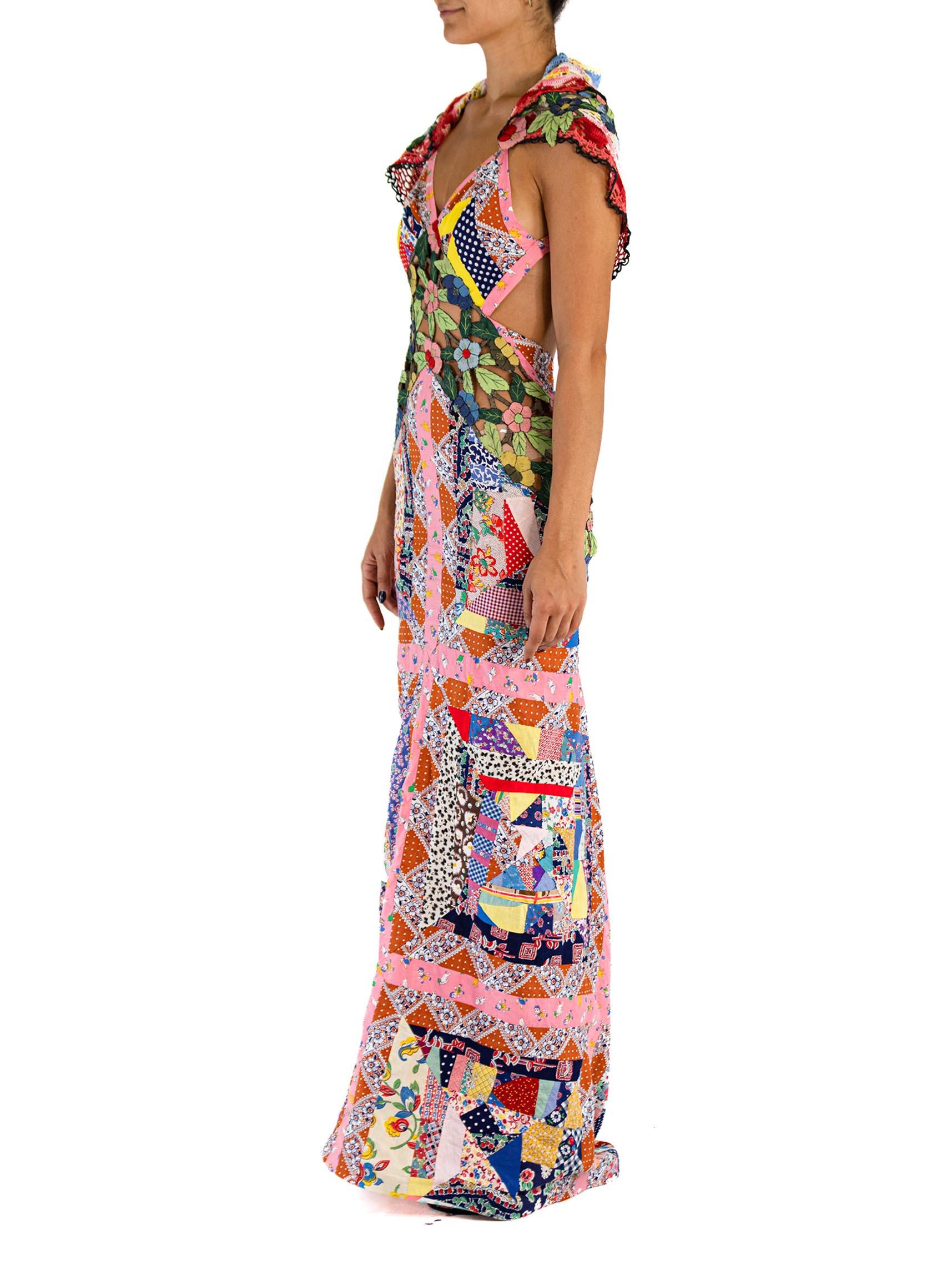 MORPHEW ATELIER Multicolor Silk & Cotton Floral Cut-Work Quilt Patchwork Gown With Crochet Capelet