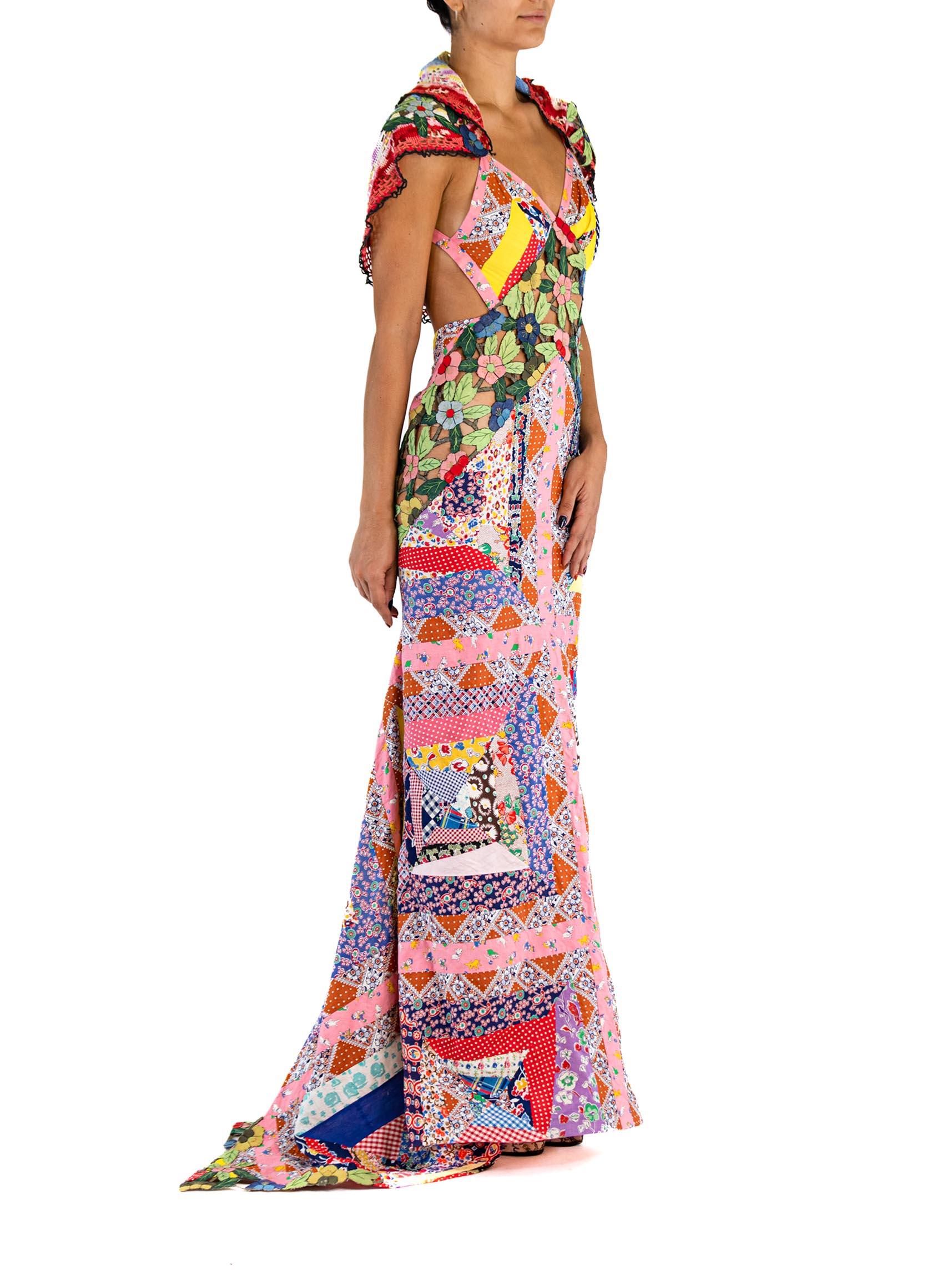 MORPHEW ATELIER Multicolor Silk & Cotton Floral Cut-Work Quilt Patchwork Gown W In Excellent Condition For Sale In New York, NY