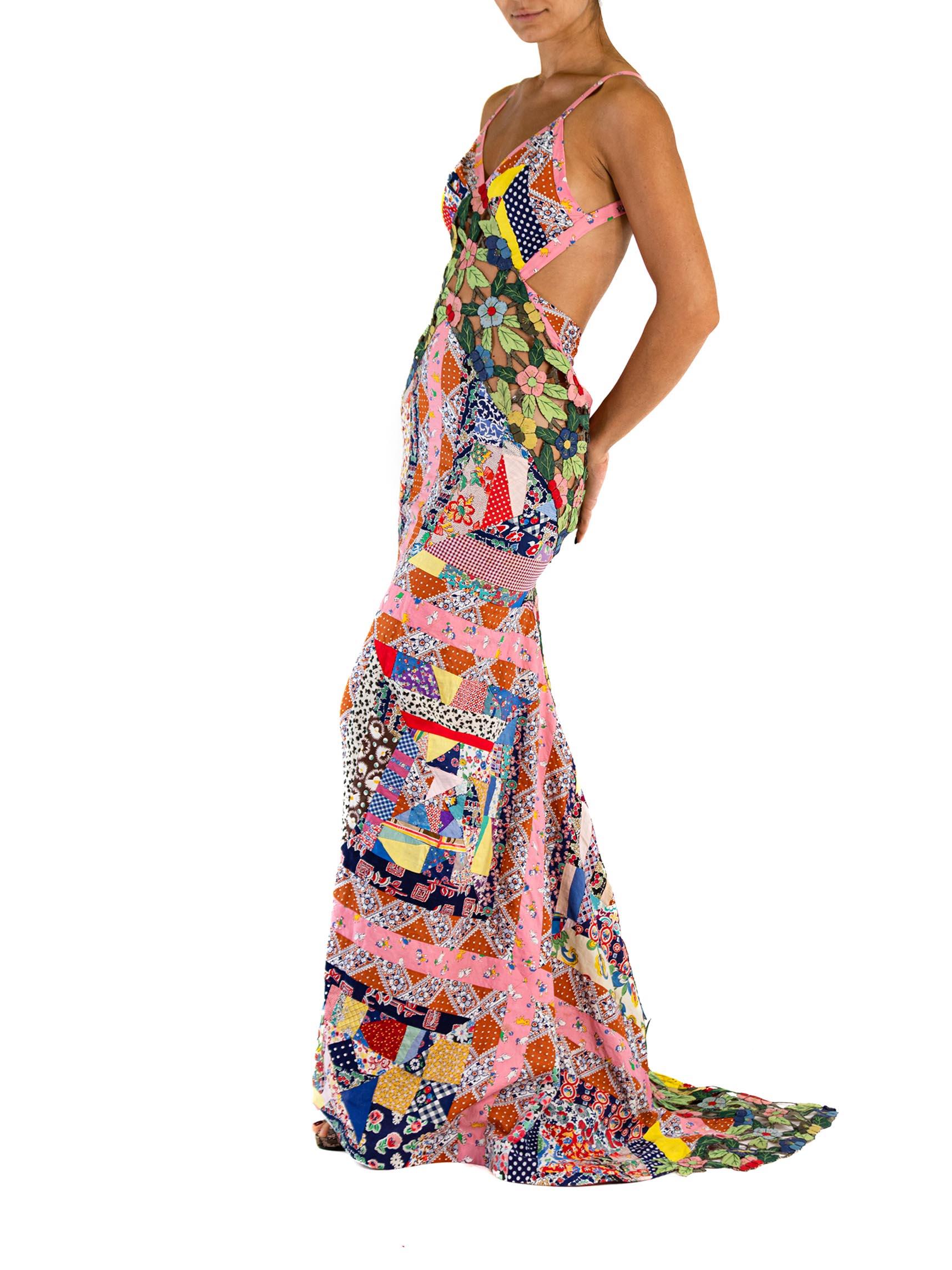 Women's MORPHEW ATELIER Multicolor Silk & Cotton Floral Cut-Work Quilt Patchwork Gown W For Sale