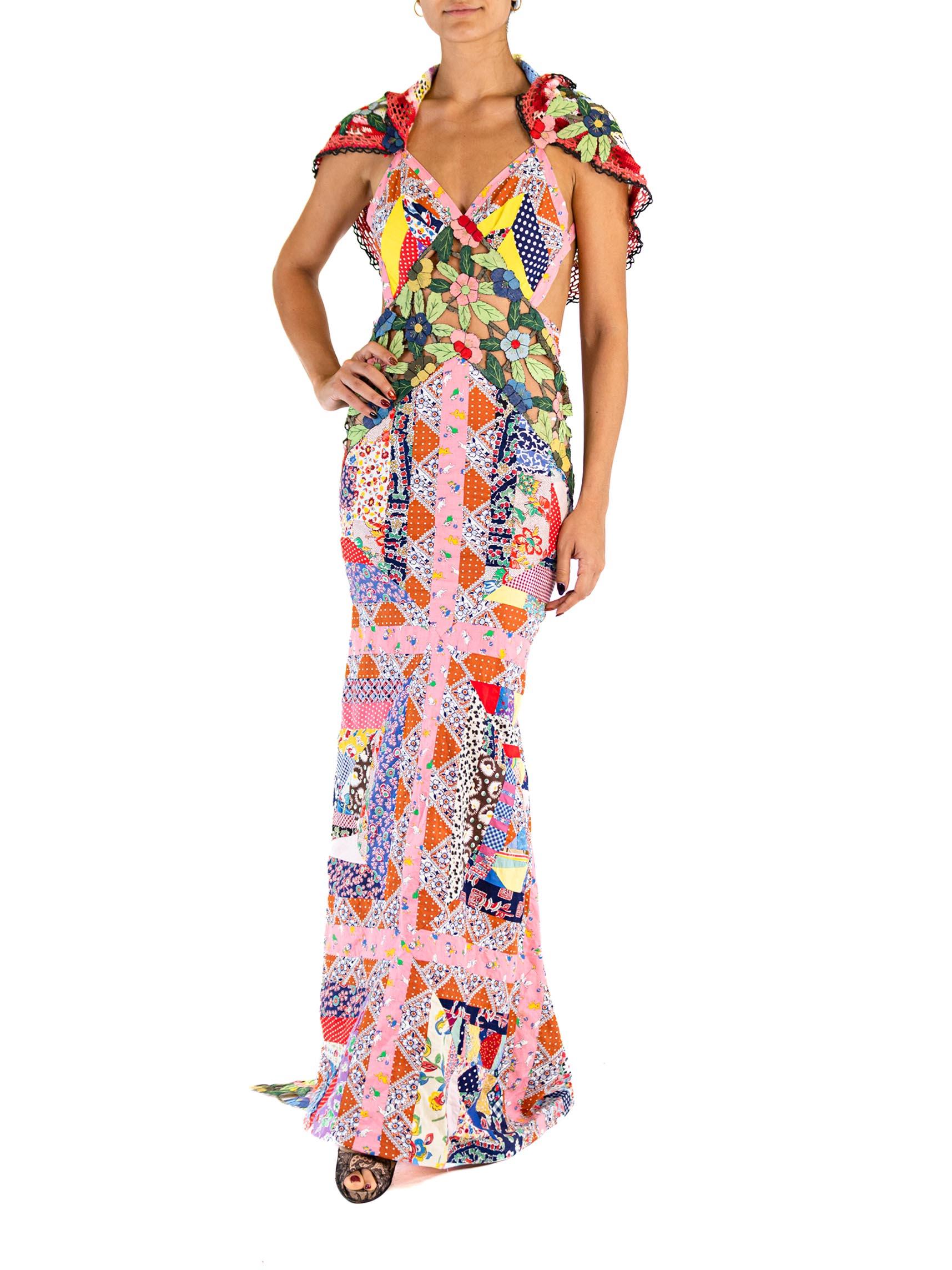 MORPHEW ATELIER Multicolor Silk & Cotton Floral Cut-Work Quilt Patchwork Gown W For Sale 1