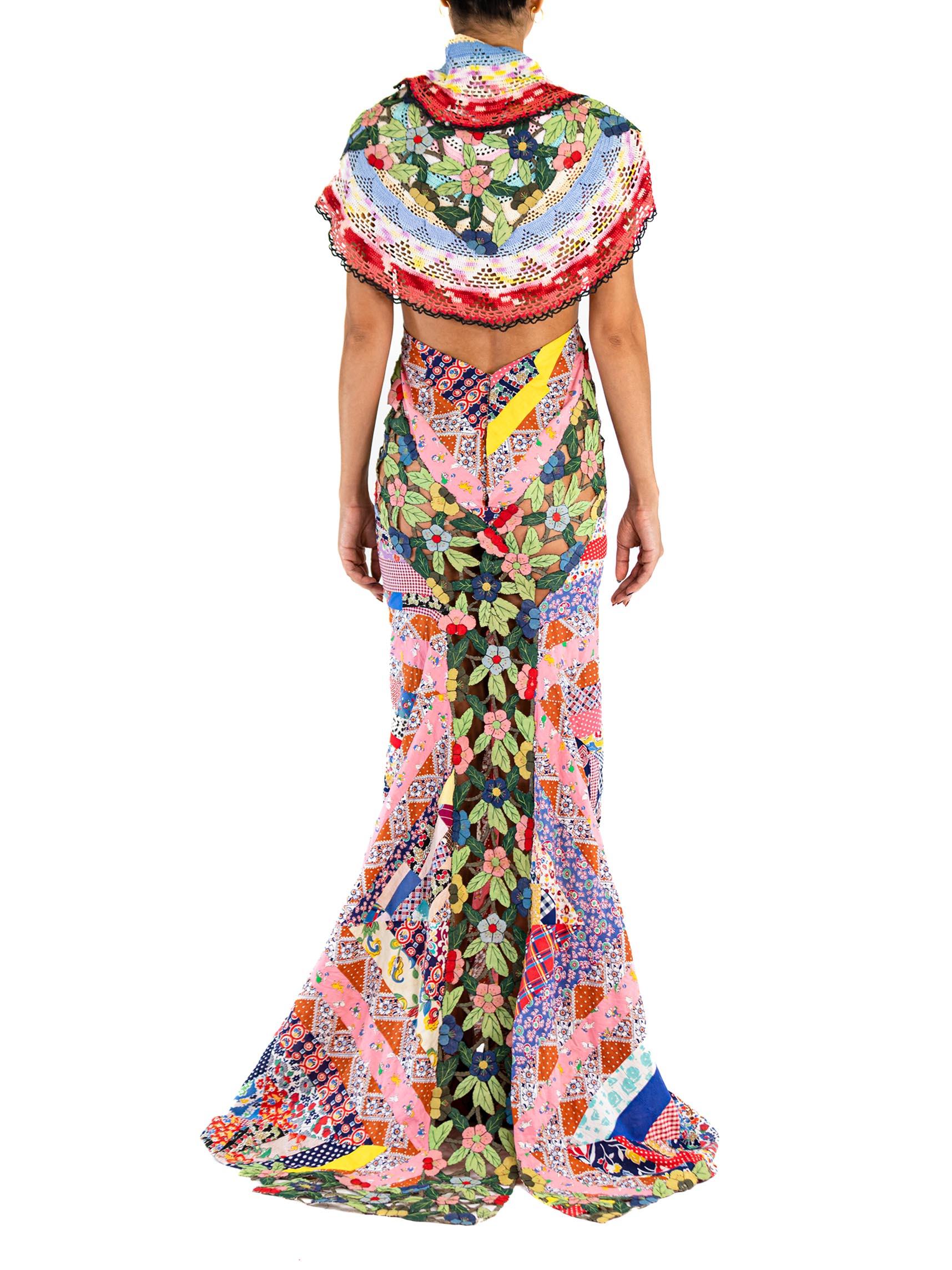 MORPHEW ATELIER Multicolor Silk & Cotton Floral Cut-Work Quilt Patchwork Gown W For Sale 2