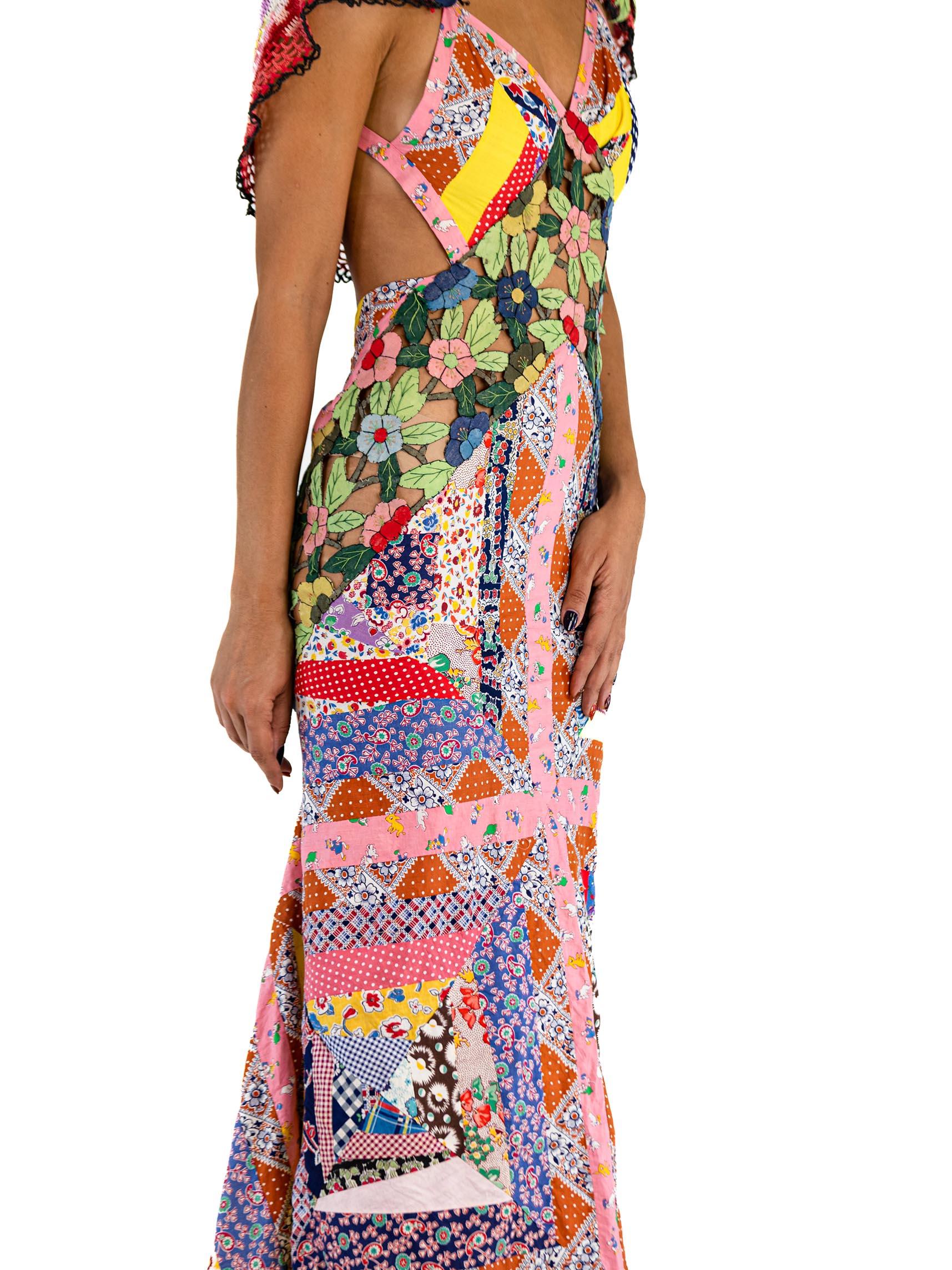 MORPHEW ATELIER Multicolor Silk & Cotton Floral Cut-Work Quilt Patchwork Gown W For Sale 3
