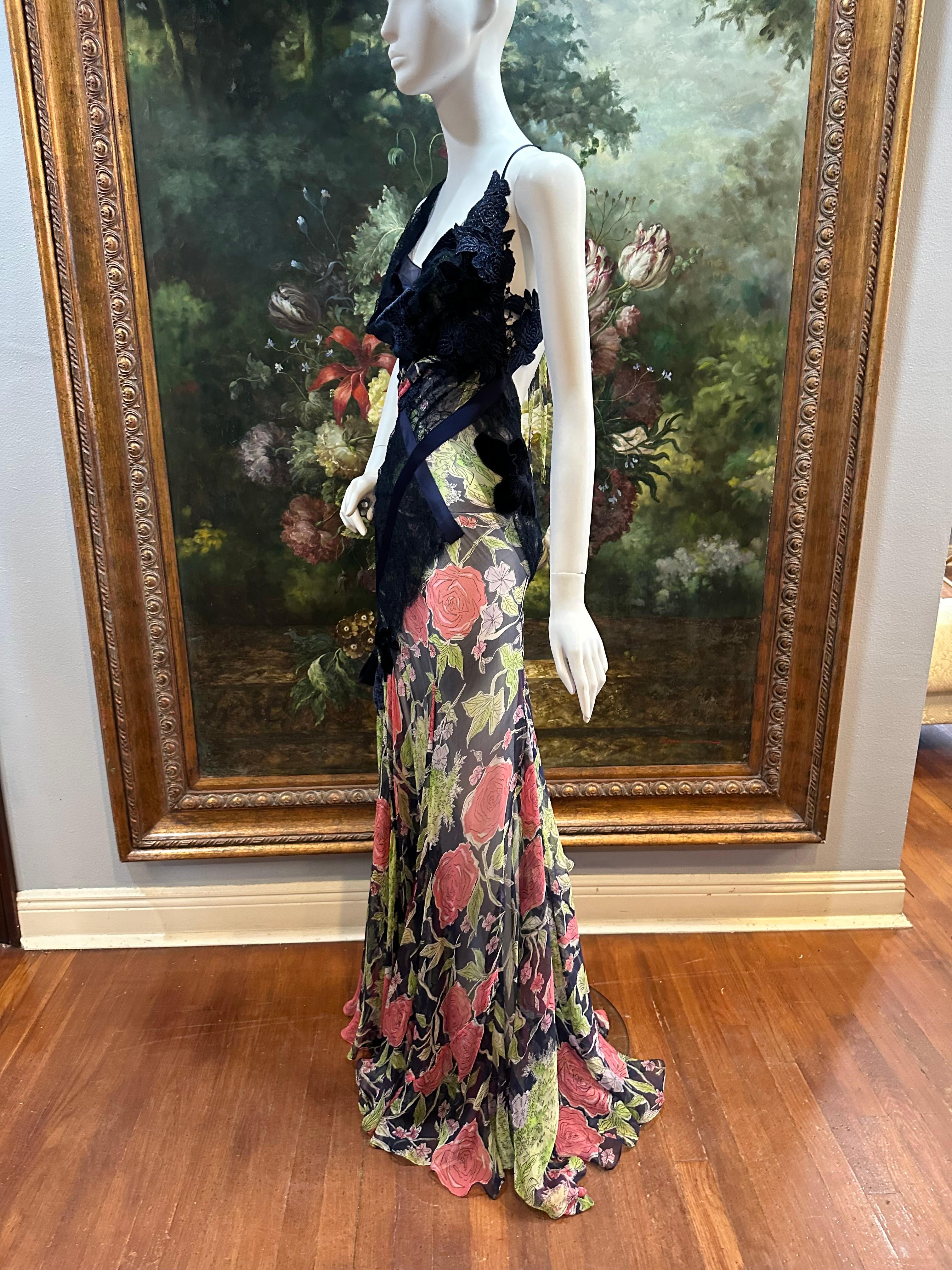 MORPHEW ATELIER Navy Blue & Pink Silk Chiffon & Lace  Gown with Velvet Floral Ap For Sale 5