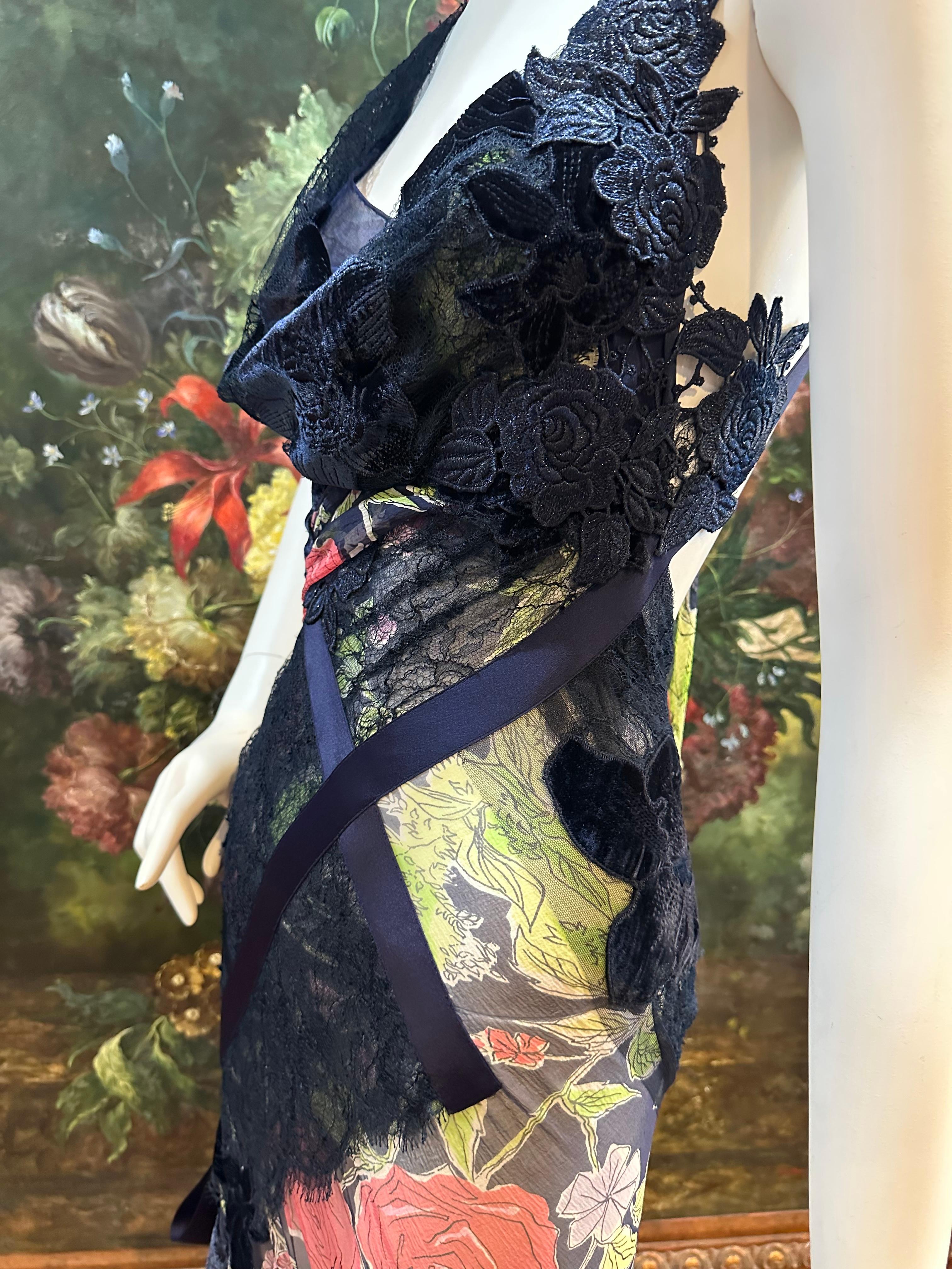 MORPHEW ATELIER Navy Blue & Pink Silk Chiffon & Lace  Gown with Velvet Floral Ap For Sale 7