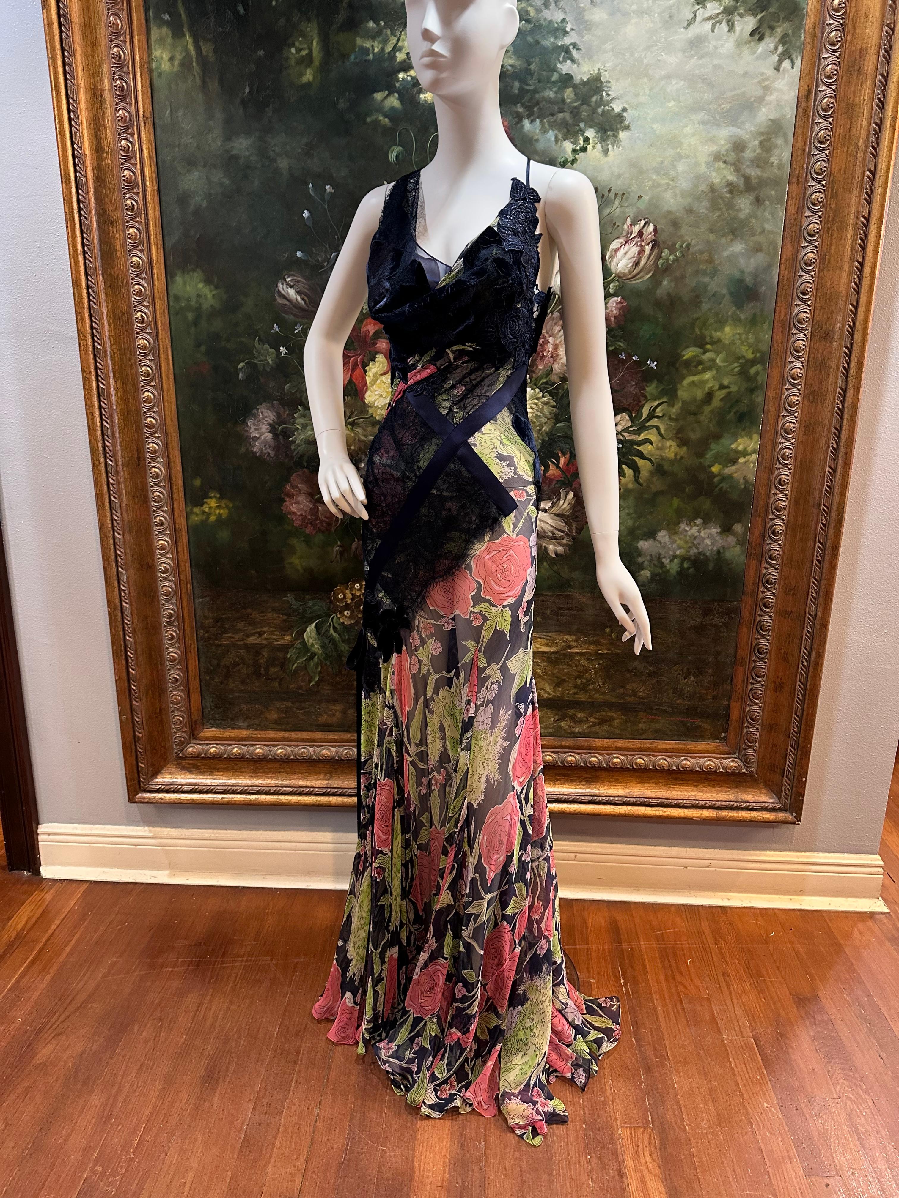 MORPHEW ATELIER Navy Blue & Pink Silk Chiffon & Lace  Gown with Velvet Floral Appliqué Size 4