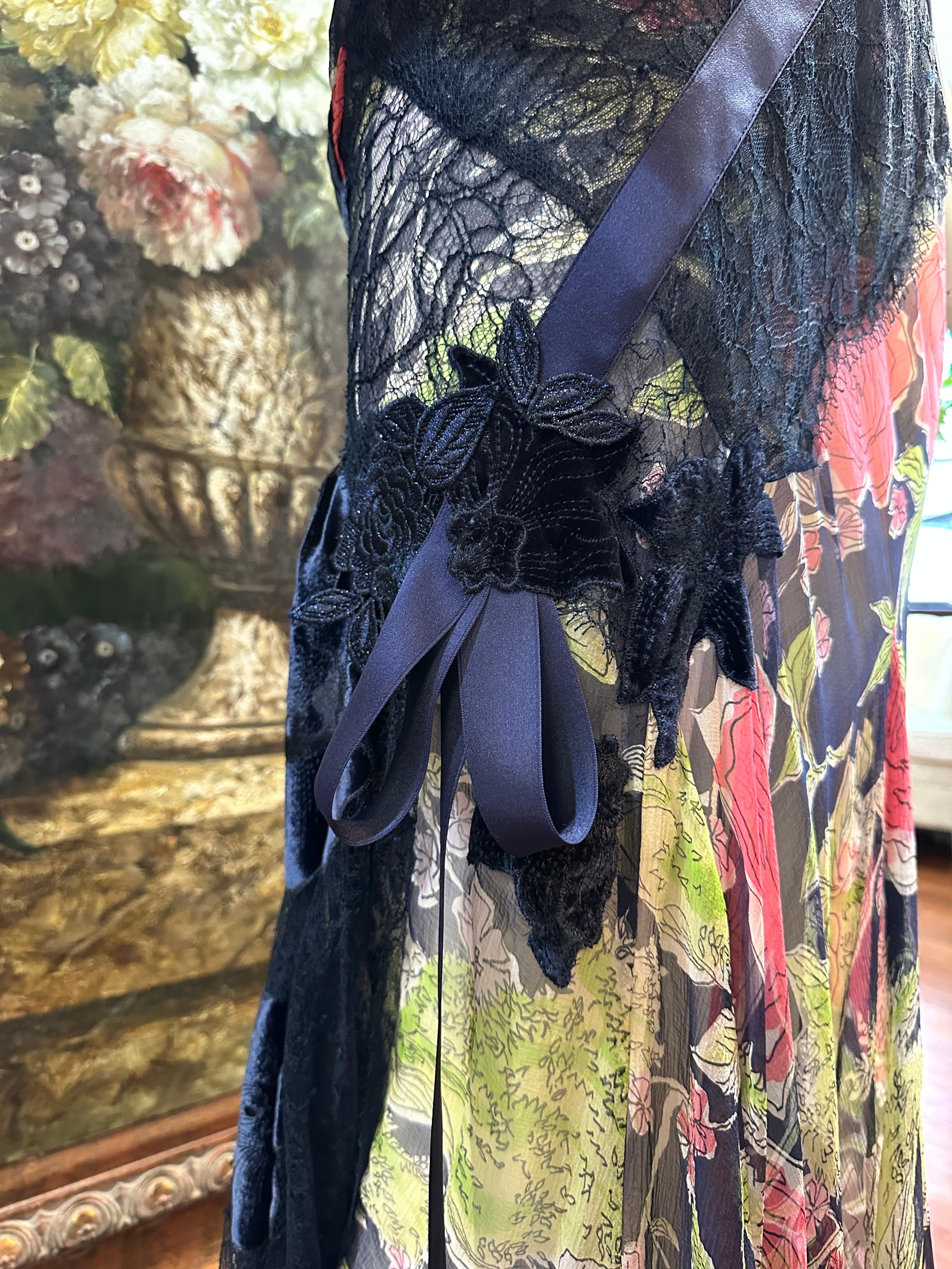 Women's or Men's MORPHEW ATELIER Navy Blue & Pink Silk Chiffon & Lace  Gown with Velvet Floral Ap For Sale