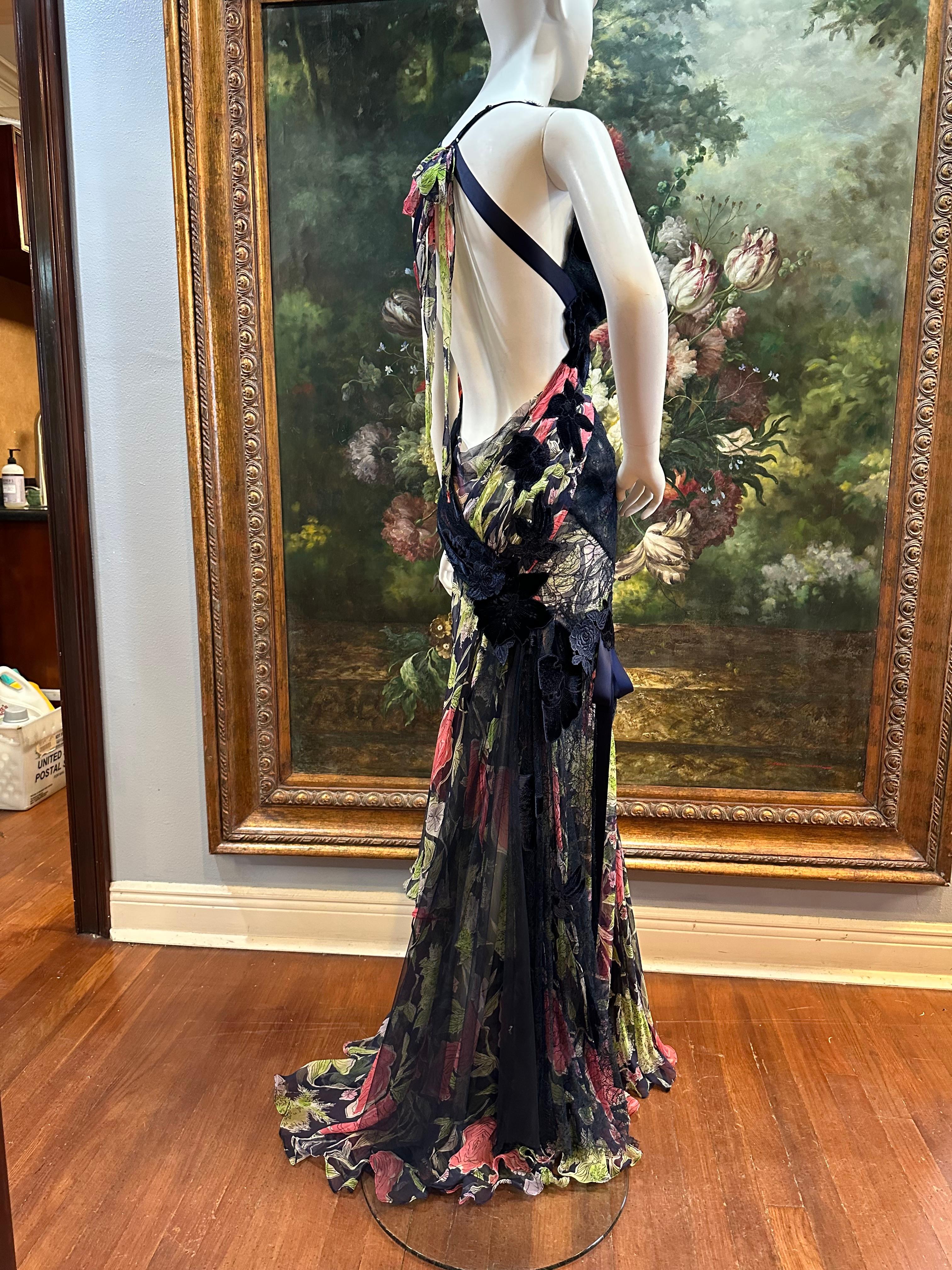 MORPHEW ATELIER Navy Blue & Pink Silk Chiffon & Lace  Gown with Velvet Floral Ap For Sale 1