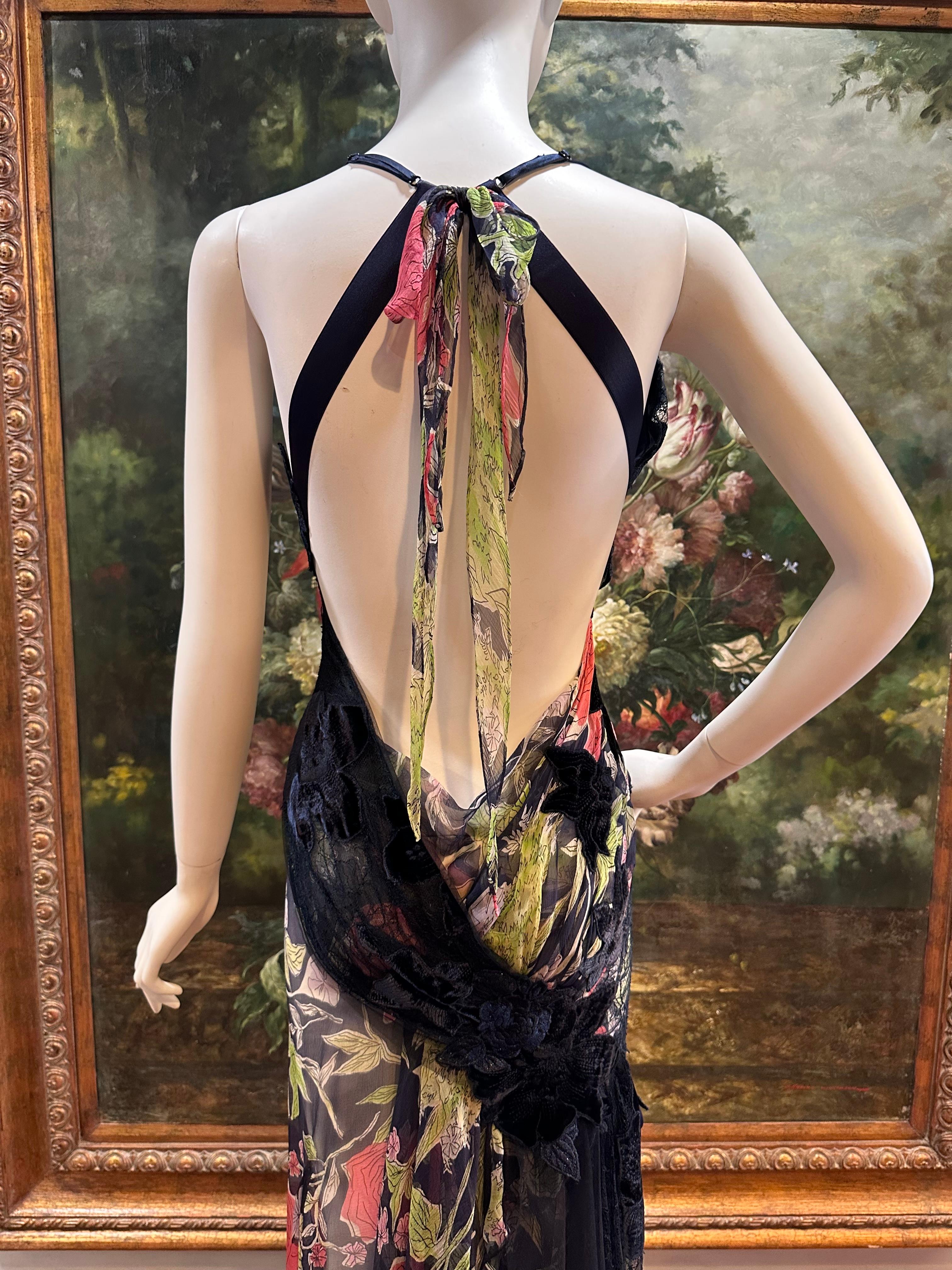 MORPHEW ATELIER Navy Blue & Pink Silk Chiffon & Lace  Gown with Velvet Floral Ap For Sale 2