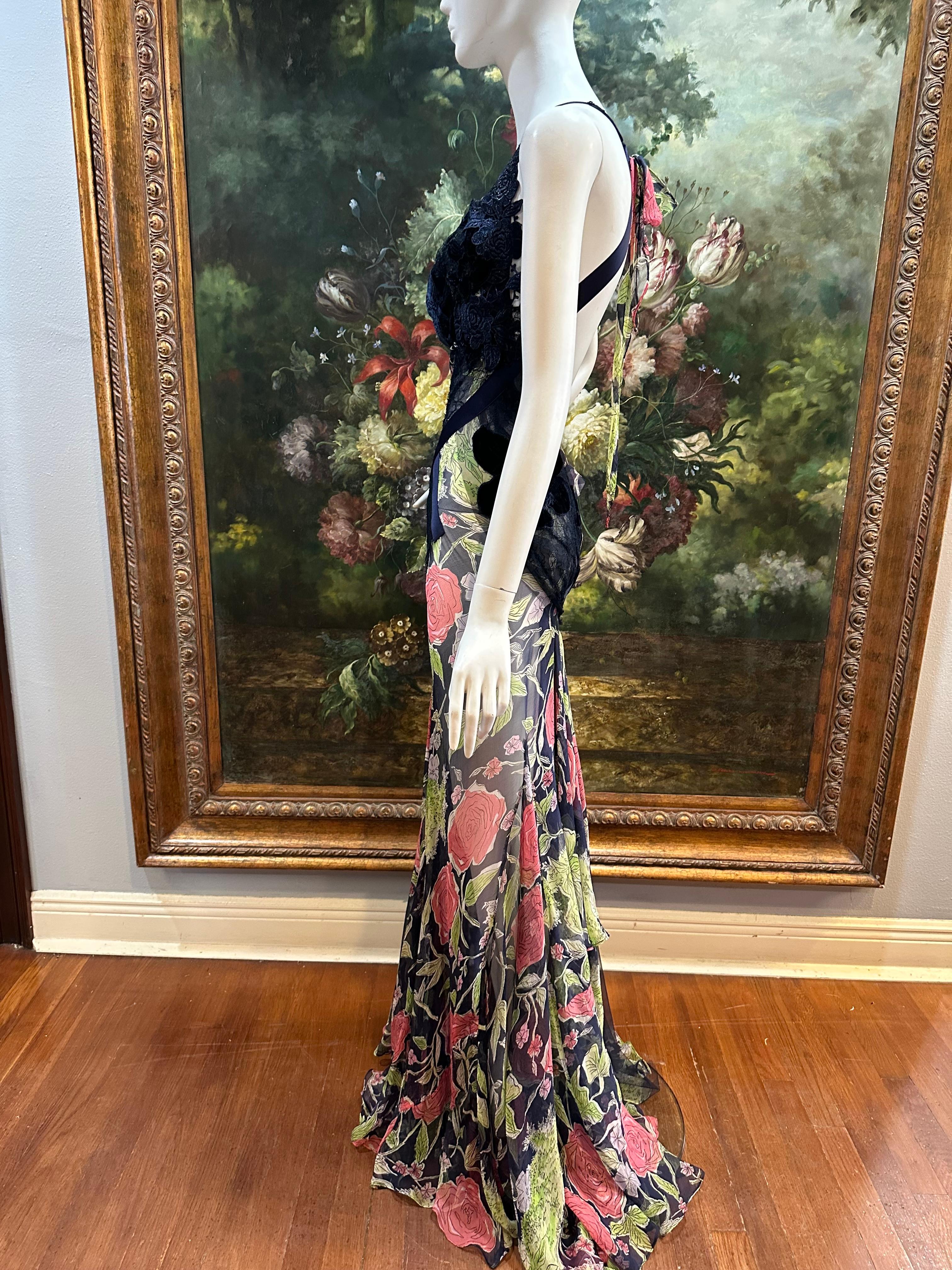 MORPHEW ATELIER Navy Blue & Pink Silk Chiffon & Lace  Gown with Velvet Floral Ap For Sale 4