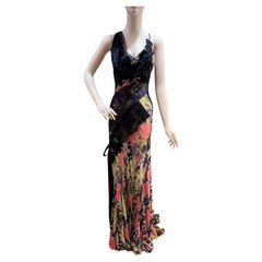 MORPHEW ATELIER Navy Blue & Pink Silk Chiffon & Lace  Gown with Velvet Floral Ap
