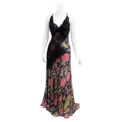 MORPHEW ATELIER Navy Blue & Pink Silk Chiffon & Lace  Gown with Velvet Floral Ap