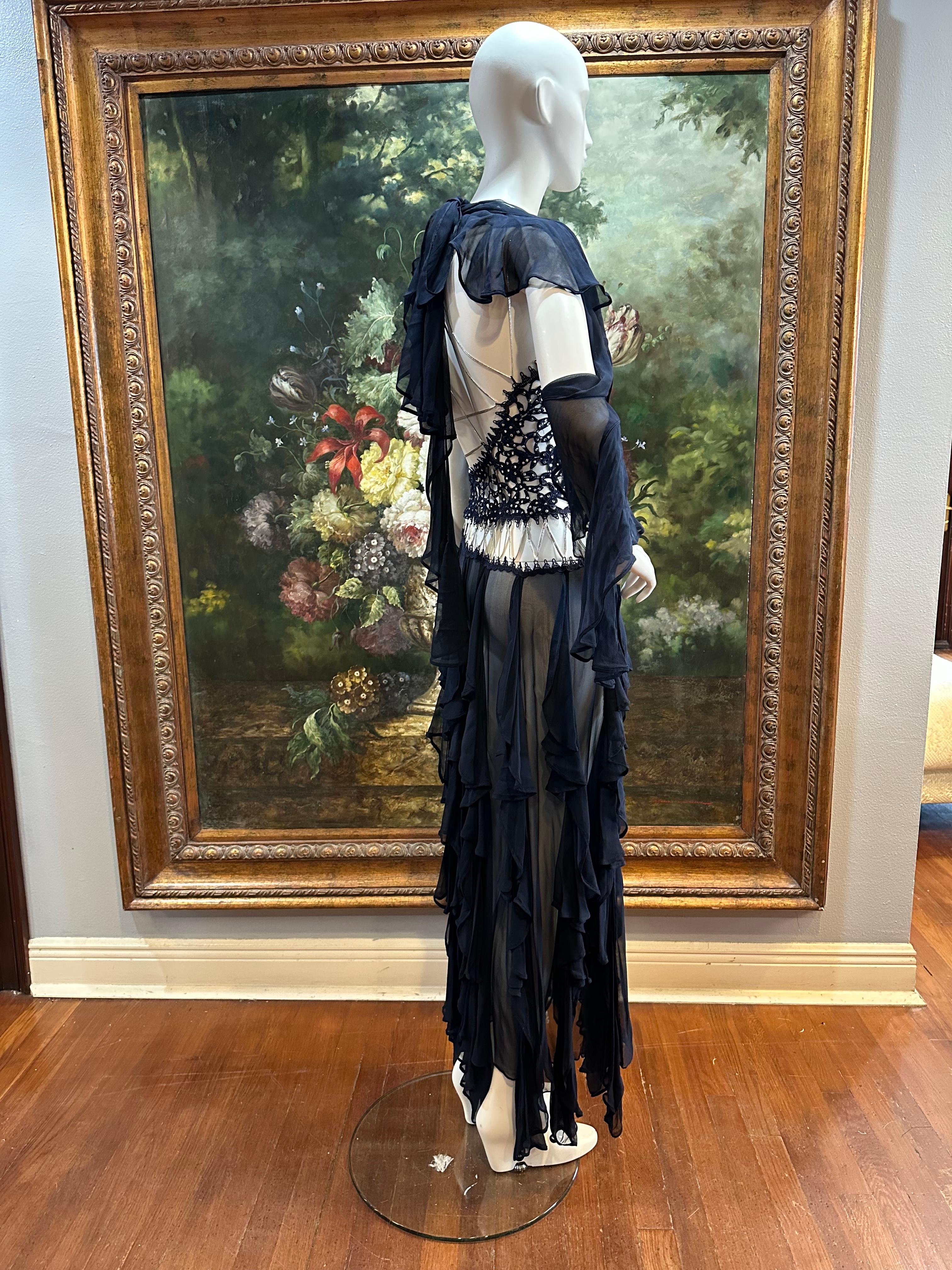 MORPHEW ATELIER Navy Blue Silk Chiffon & Crystal Beaded Lace Gown Size 4 For Sale 5