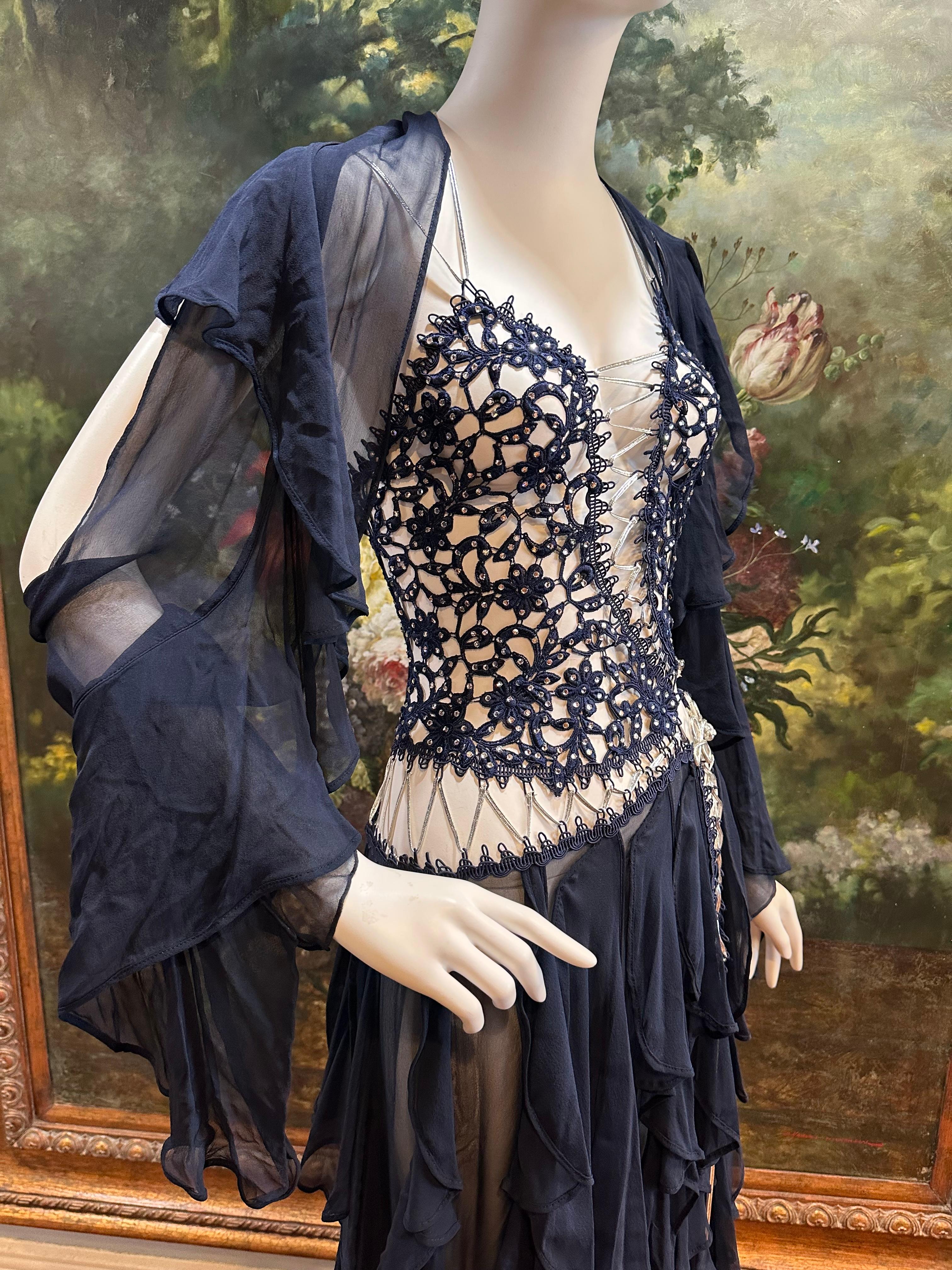 MORPHEW ATELIER Navy Blue Silk Chiffon & Crystal Beaded Lace Gown Size 4 For Sale 6