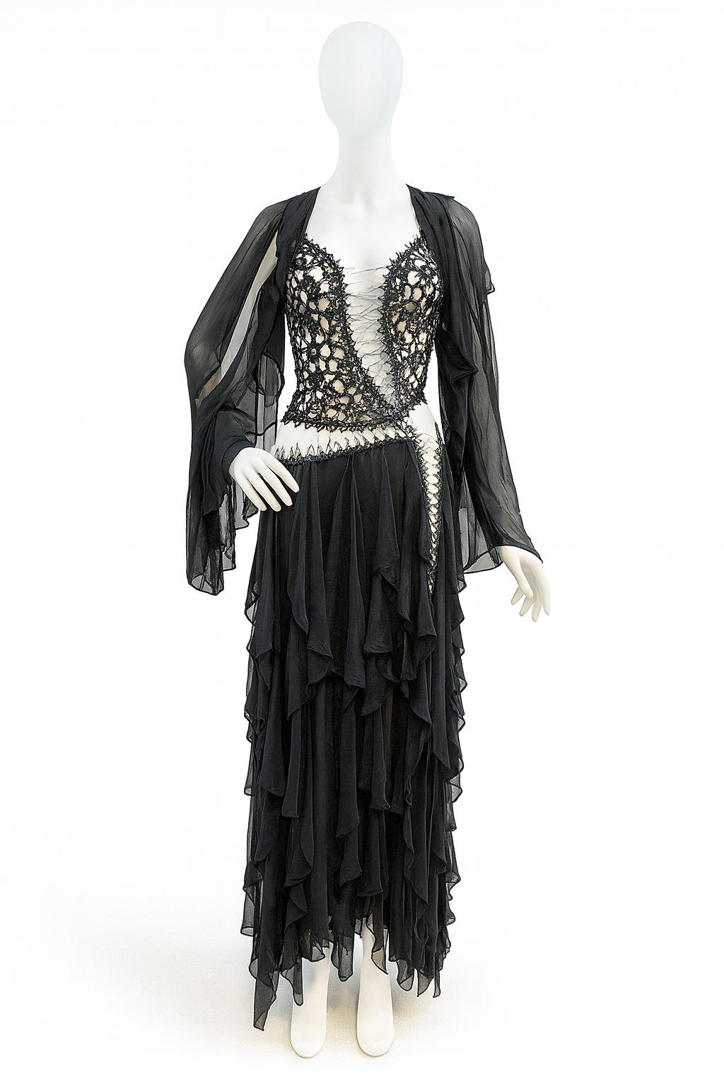 MORPHEW ATELIER Marineblaues Seidenchiffon & Kristall Perlen Spitzen Kleid Größe 4 im Angebot 7