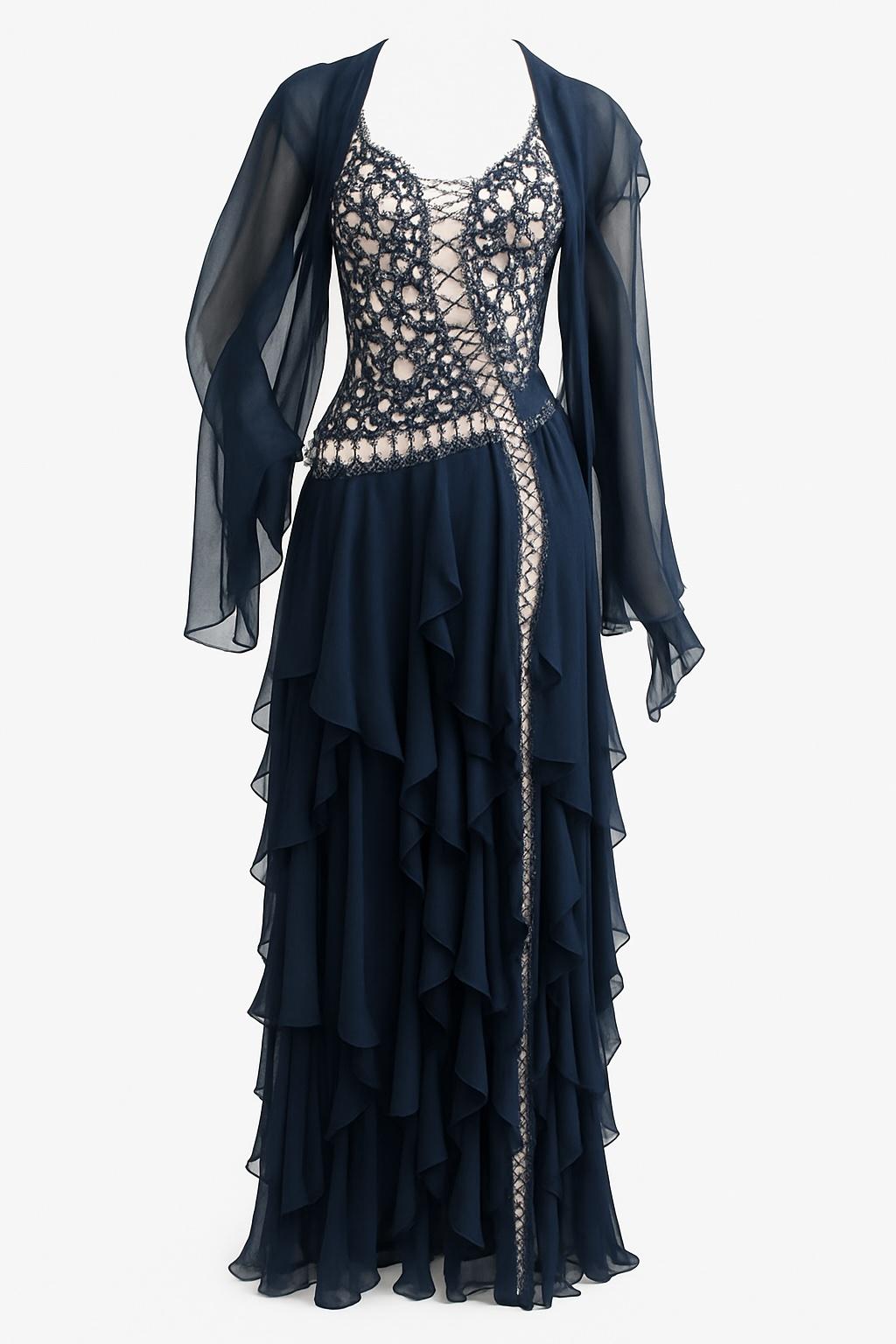 MORPHEW ATELIER Marineblaues Seidenchiffon & Kristall Perlen Spitzen Kleid Größe 4 im Angebot 8