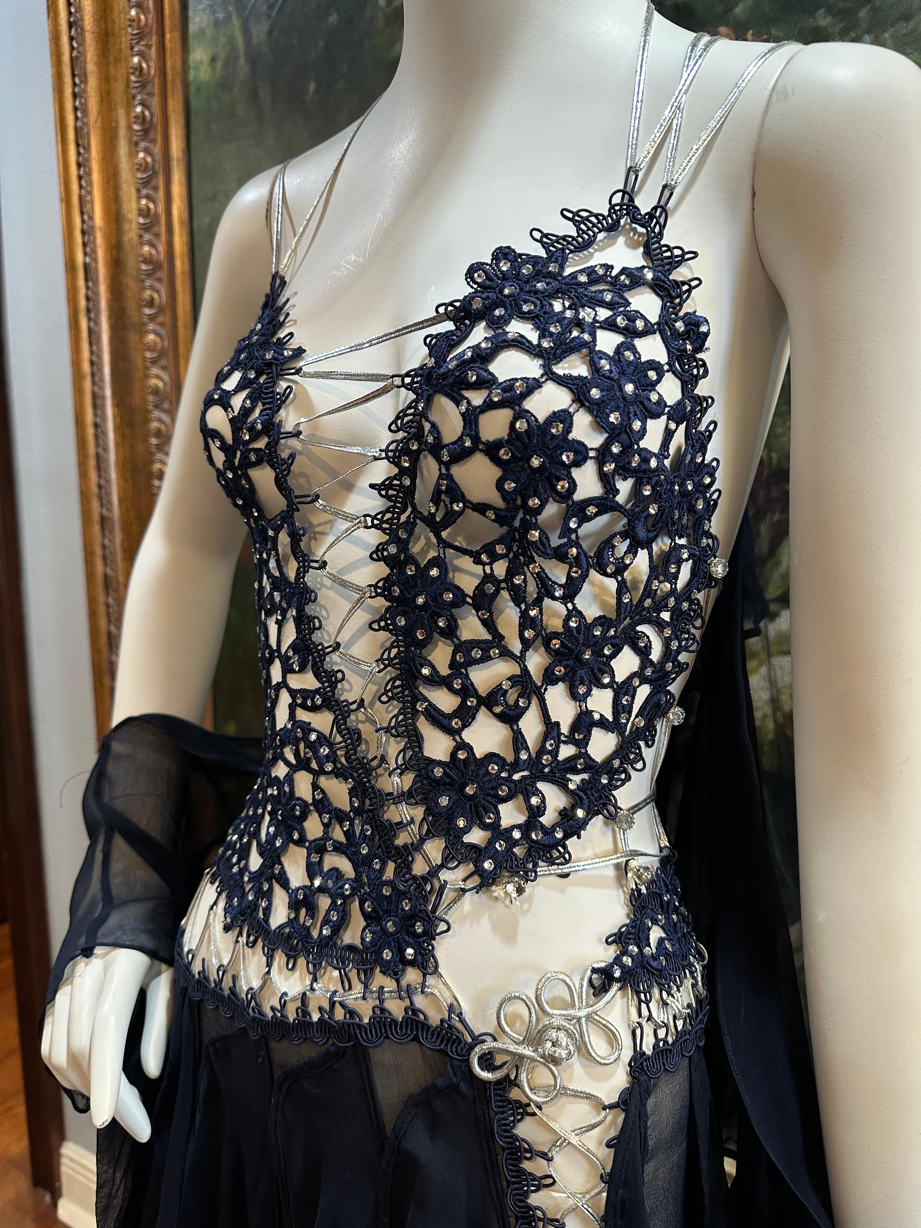 Black MORPHEW ATELIER Navy Blue Silk Chiffon & Crystal Beaded Lace Gown Size 4 For Sale