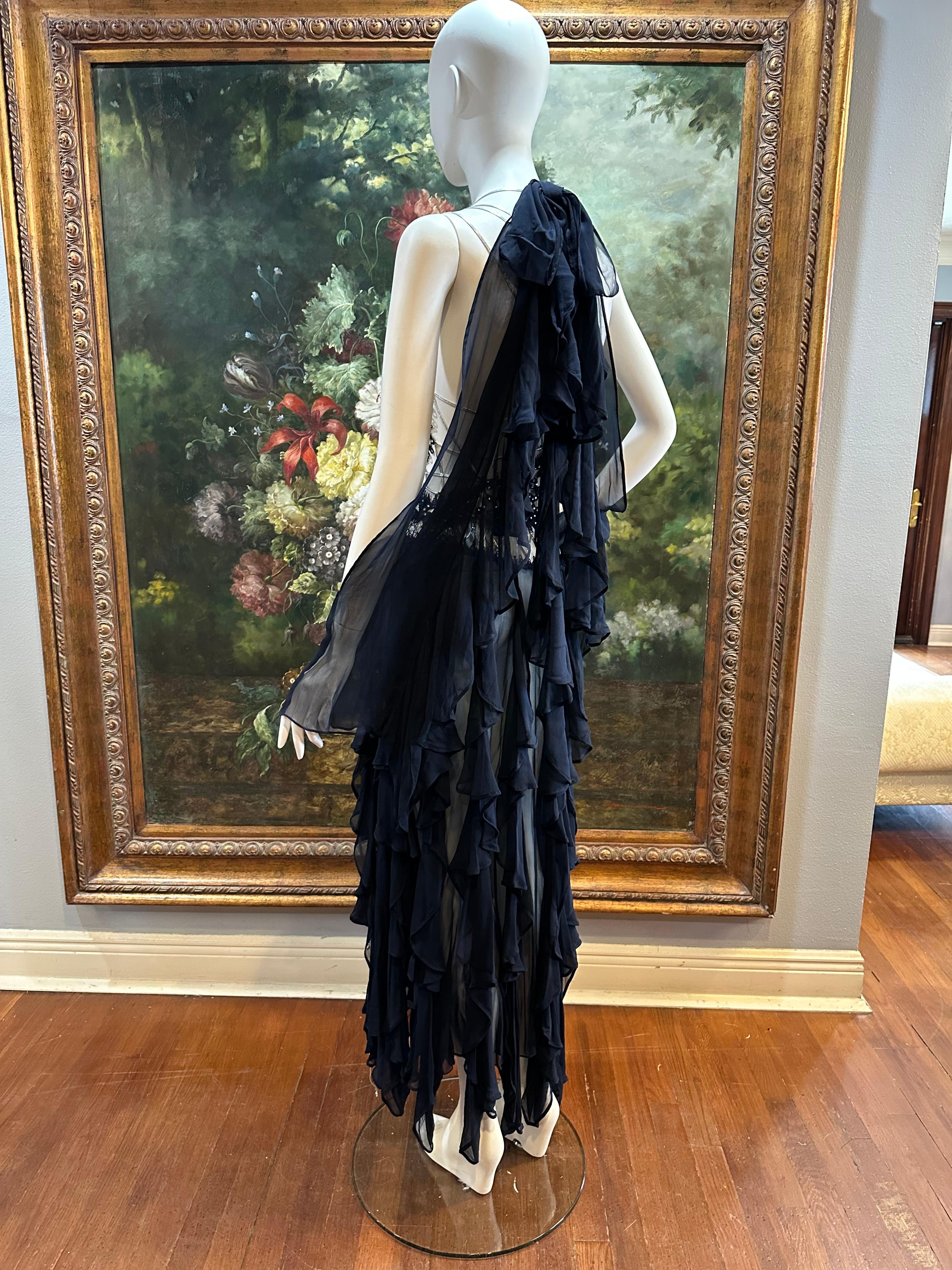 MORPHEW ATELIER Navy Blue Silk Chiffon & Crystal Beaded Lace Gown Size 4 For Sale 1