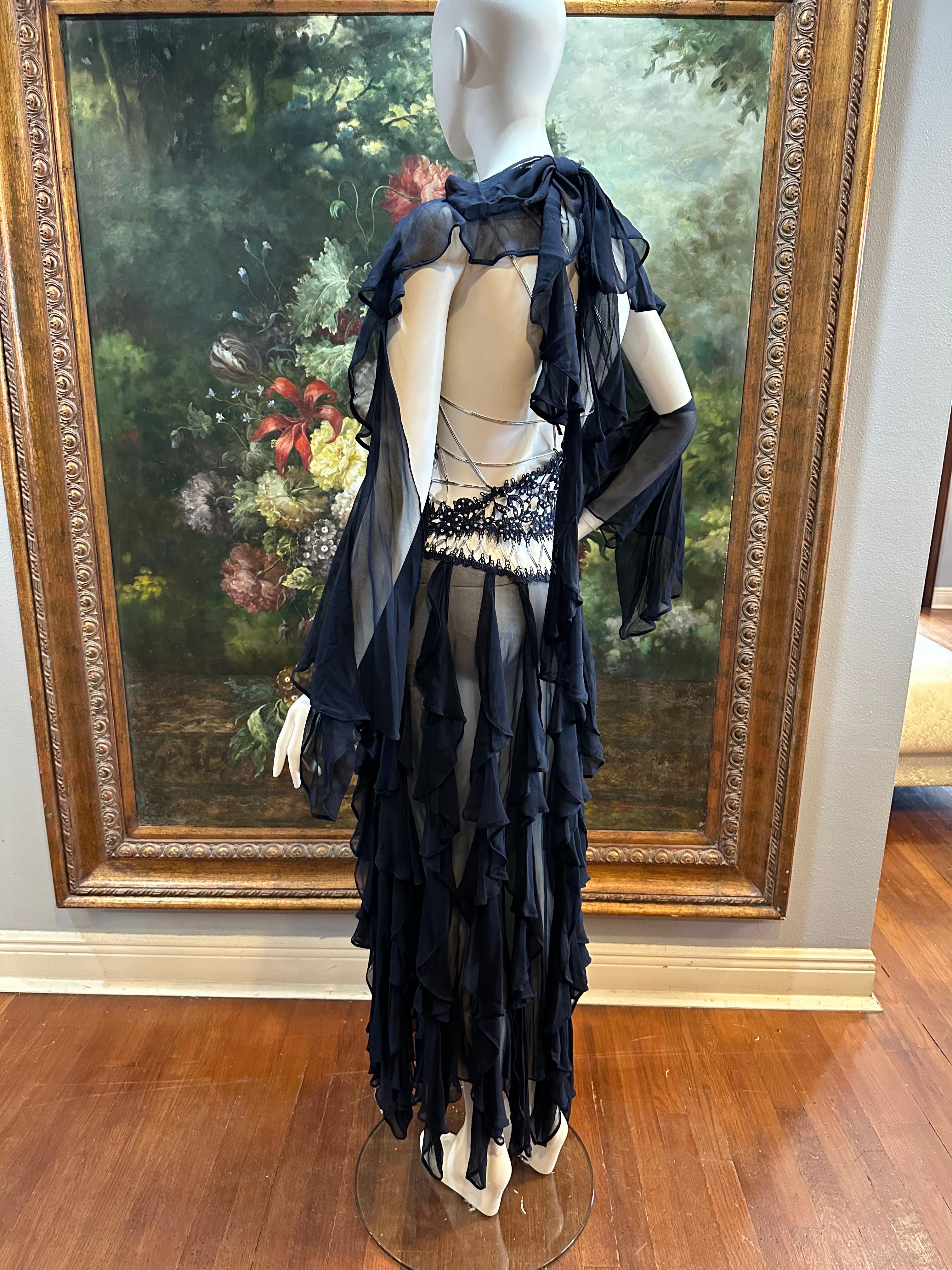 MORPHEW ATELIER Navy Blue Silk Chiffon & Crystal Beaded Lace Gown Size 4 For Sale 2