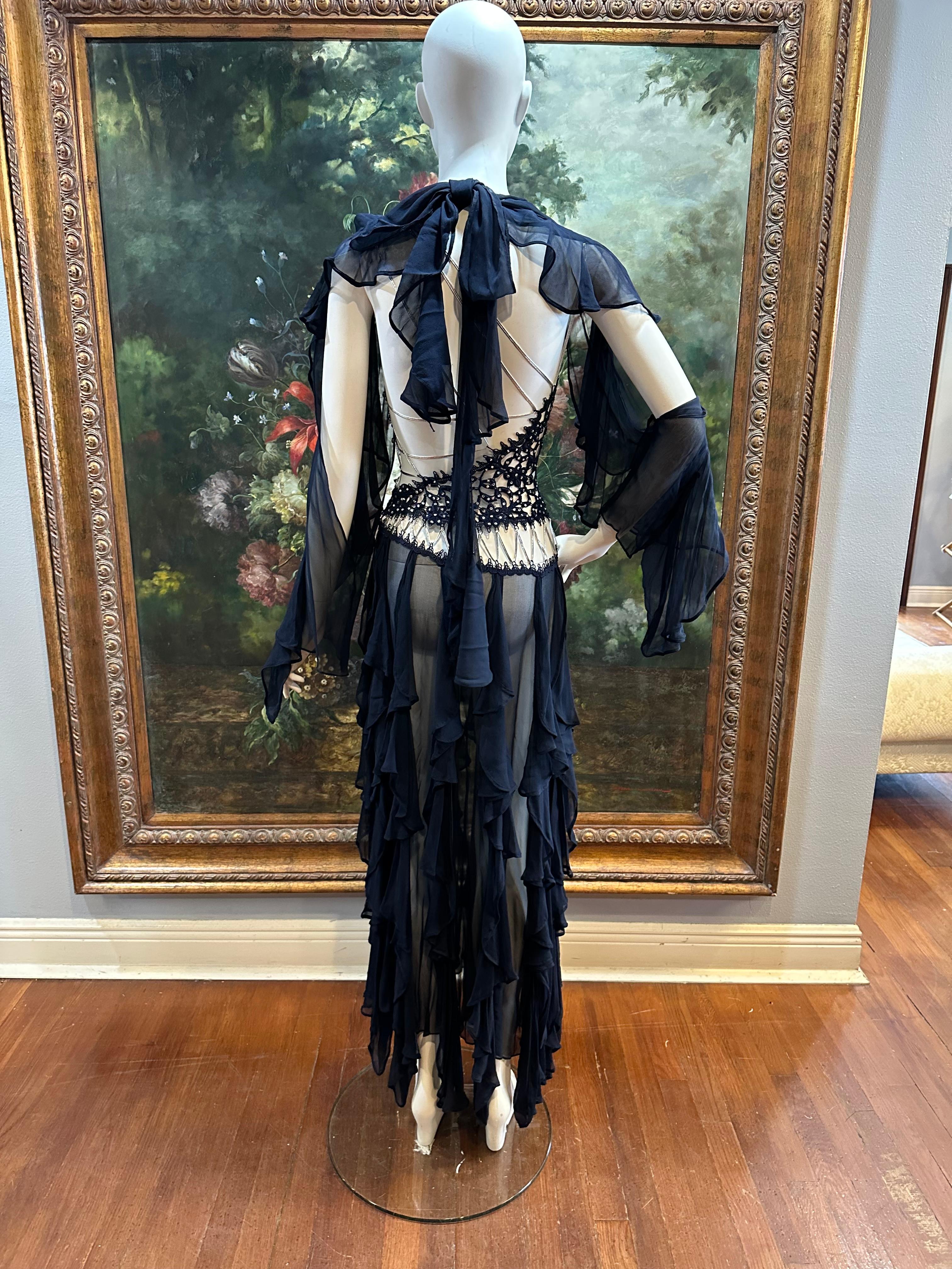 MORPHEW ATELIER Navy Blue Silk Chiffon & Crystal Beaded Lace Gown Size 4 For Sale 3