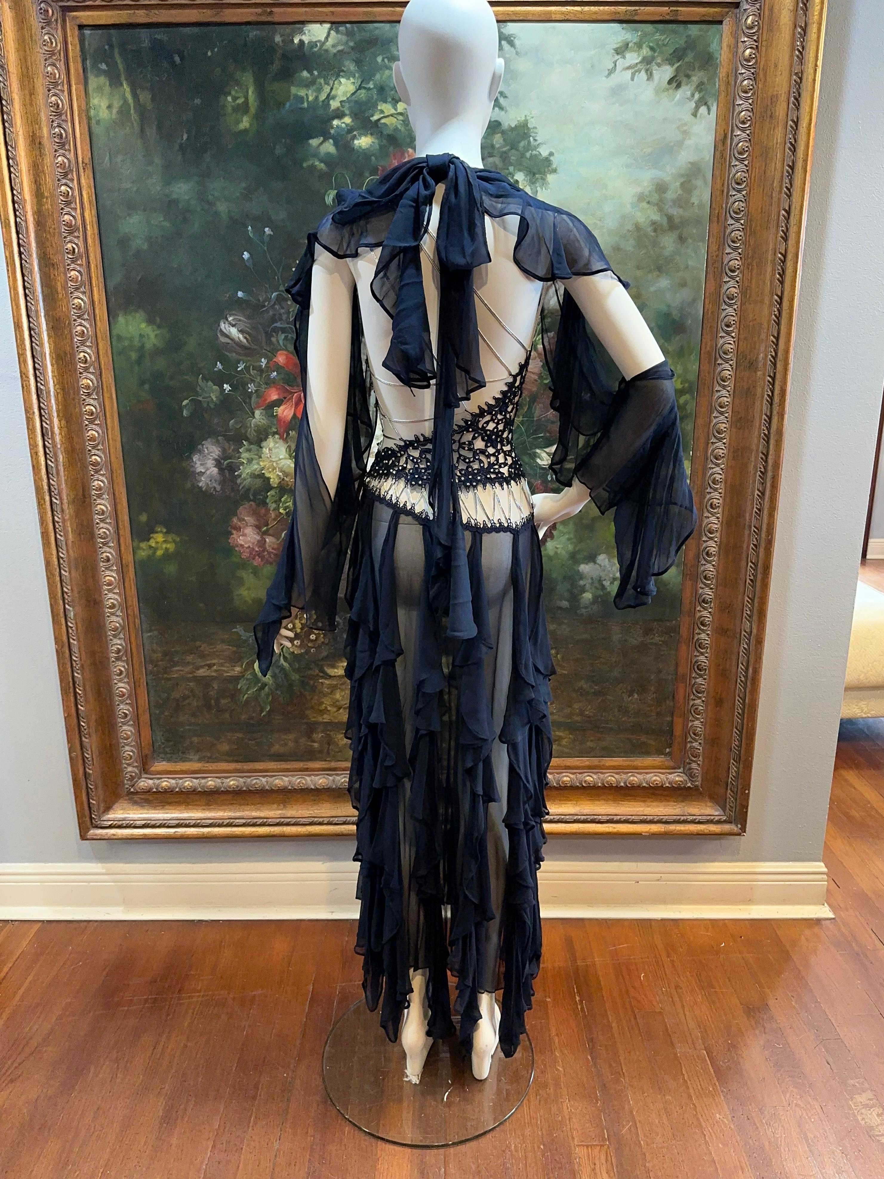 MORPHEW ATELIER Navy Blue Silk Chiffon & Crystal Beaded Lace Gown Size 4 For Sale 4