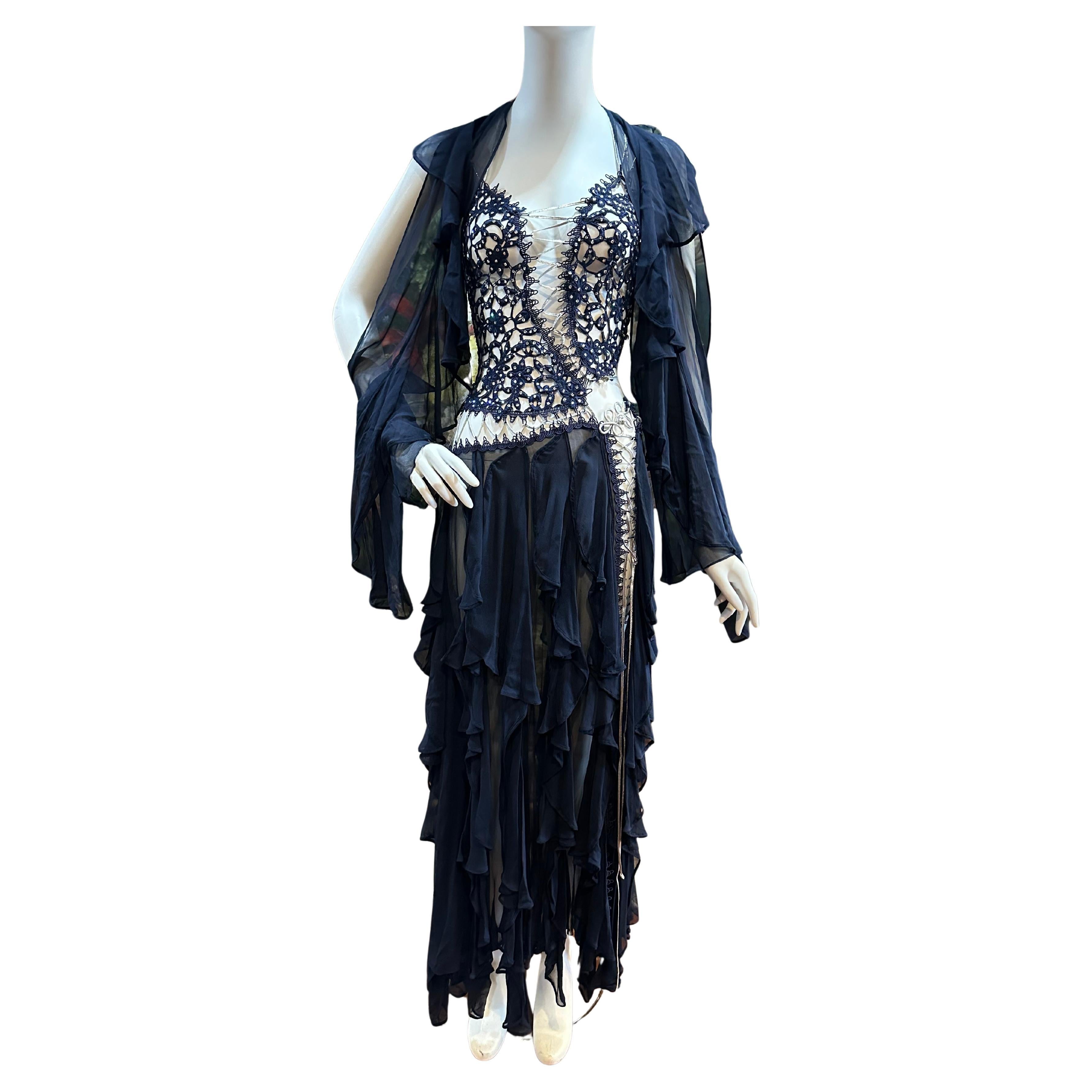 MORPHEW ATELIER Navy Blue Silk Chiffon & Crystal Beaded Lace Gown Size 4