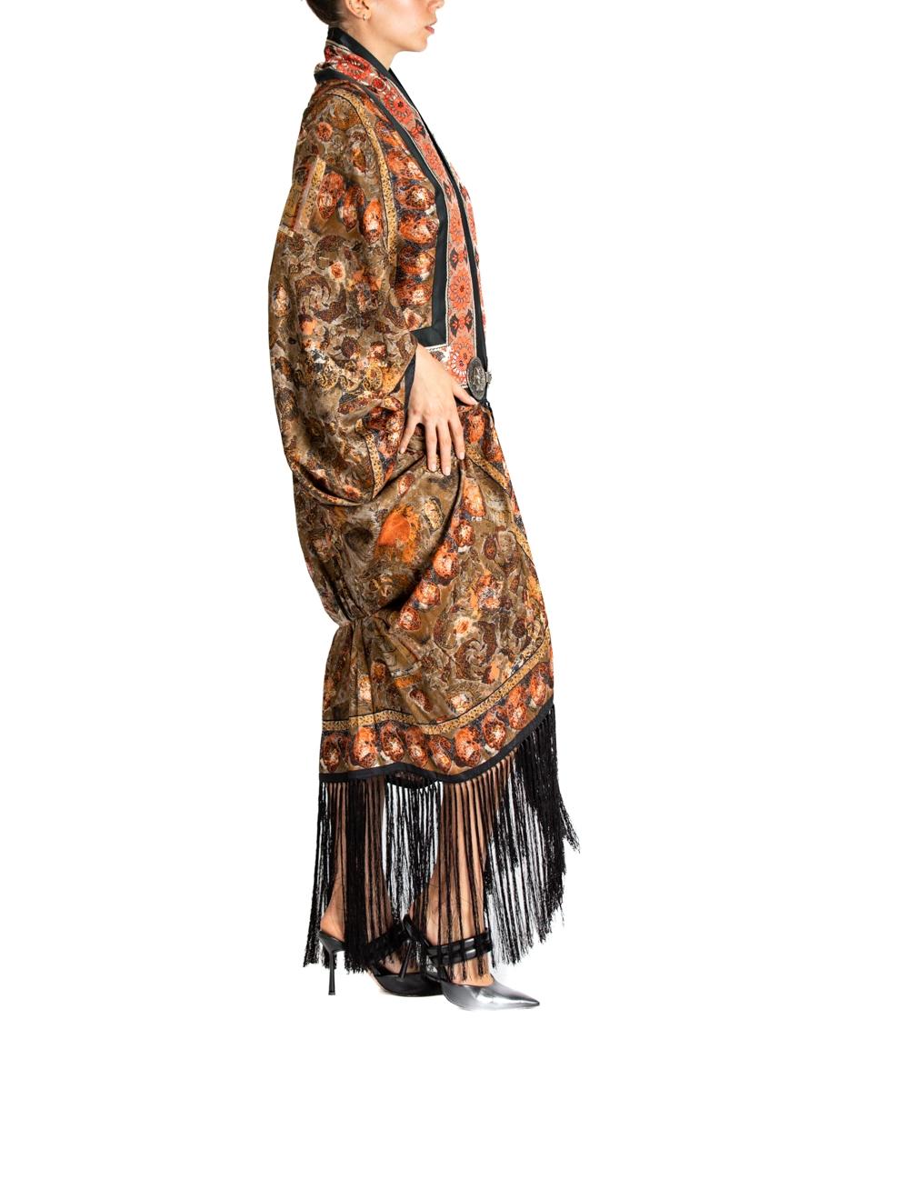Women's MORPHEW ATELIER Orange & Black Silk Hand Embroidered Floral Piano Shawl Cocoon