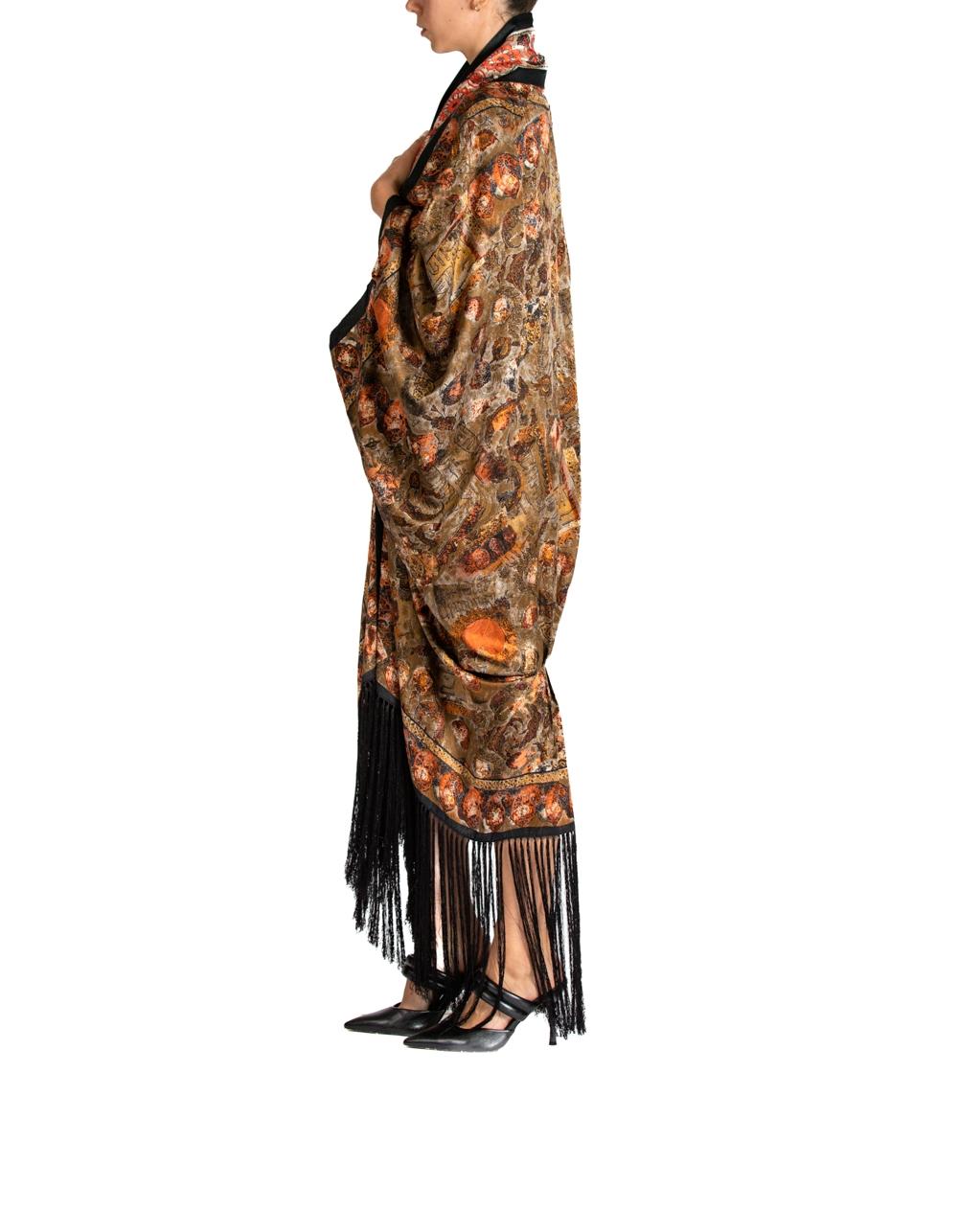 MORPHEW ATELIER Orange & Black Silk Hand Embroidered Floral Piano Shawl Cocoon 1
