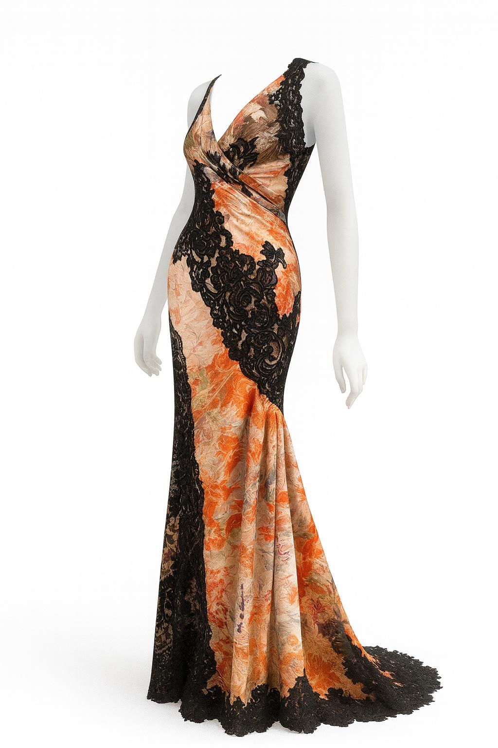 MORPHEW ATELIER Kleid aus kakifarbener und schwarzer Japanseide und Patchwork-Spitze