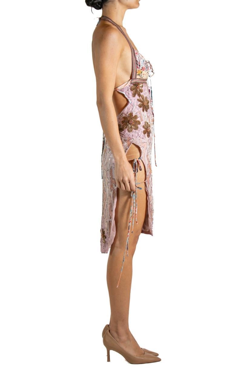 MORPHEW ATELIER Pink Beaded Japanese Kimono Silk & Sequined Cocktail Dress In Good Condition In New York, NY