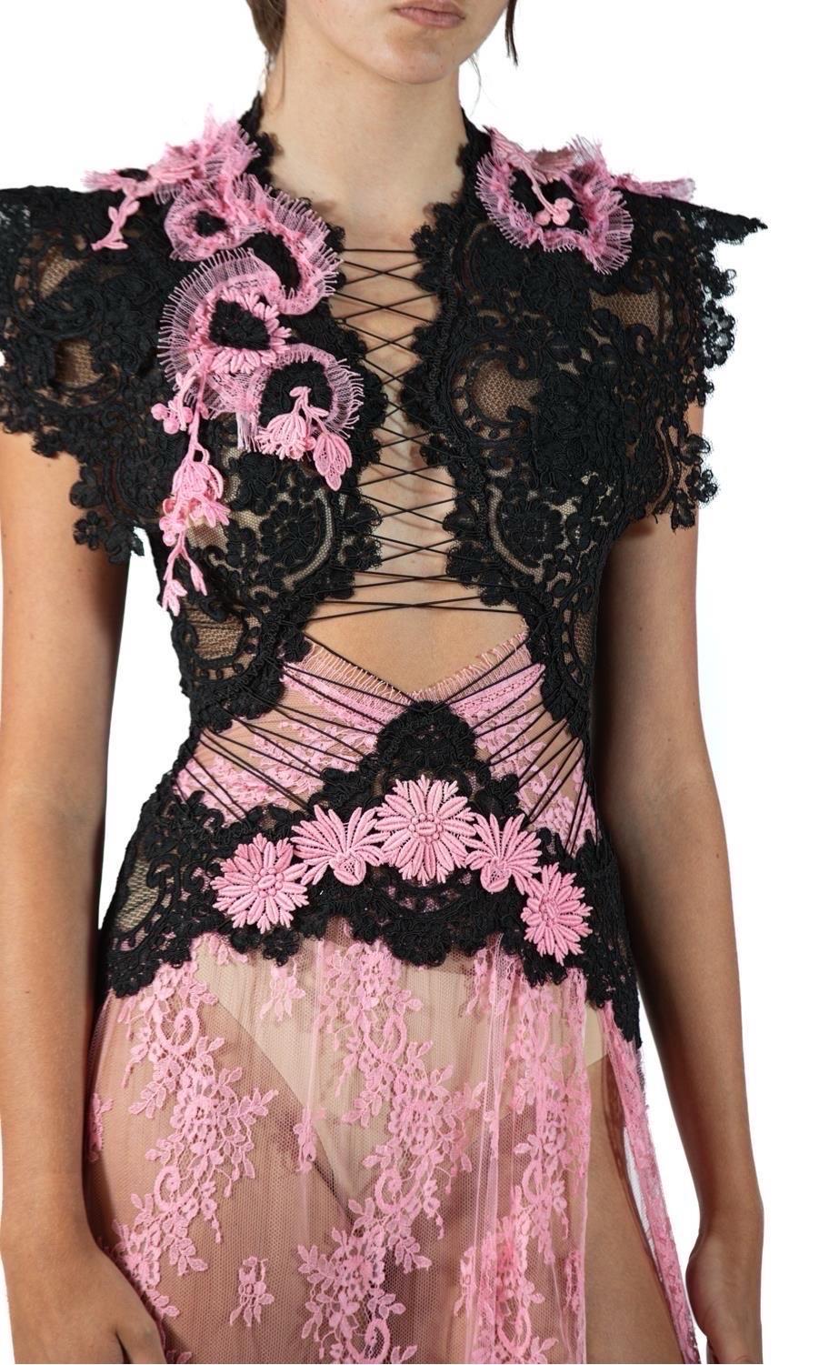 Morphew Atelier Pink & Black Vintage Lace Gown For Sale 7
