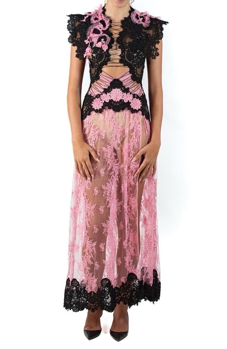 Morphew Atelier Pink & Black Vintage Lace Gown In Excellent Condition For Sale In New York, NY