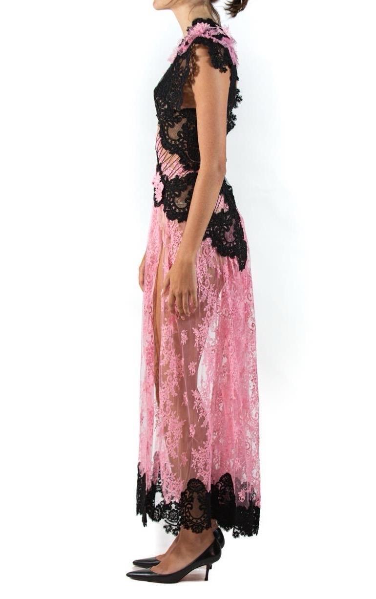 Women's Morphew Atelier Pink & Black Vintage Lace Gown For Sale