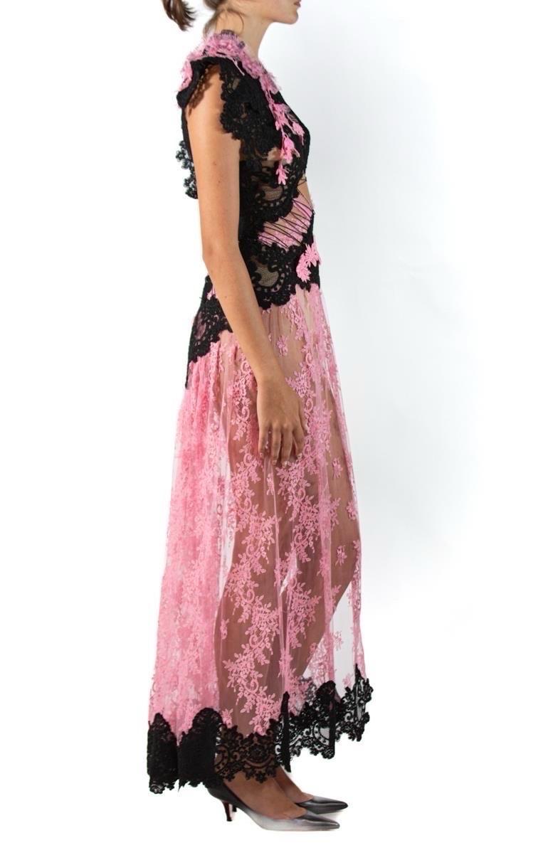 Morphew Atelier Pink & Black Vintage Lace Gown For Sale 1