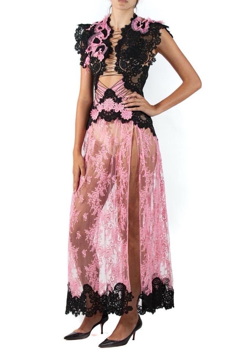 Morphew Atelier Pink & Black Vintage Lace Gown For Sale 2