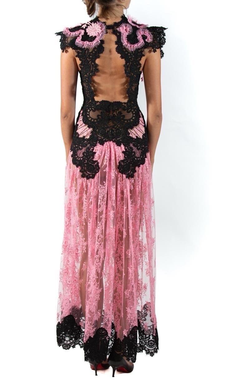 Morphew Atelier Pink & Black Vintage Lace Gown For Sale 3