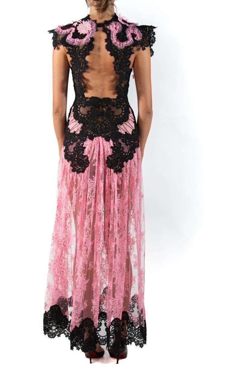 Morphew Atelier Pink & Black Vintage Lace Gown For Sale 4