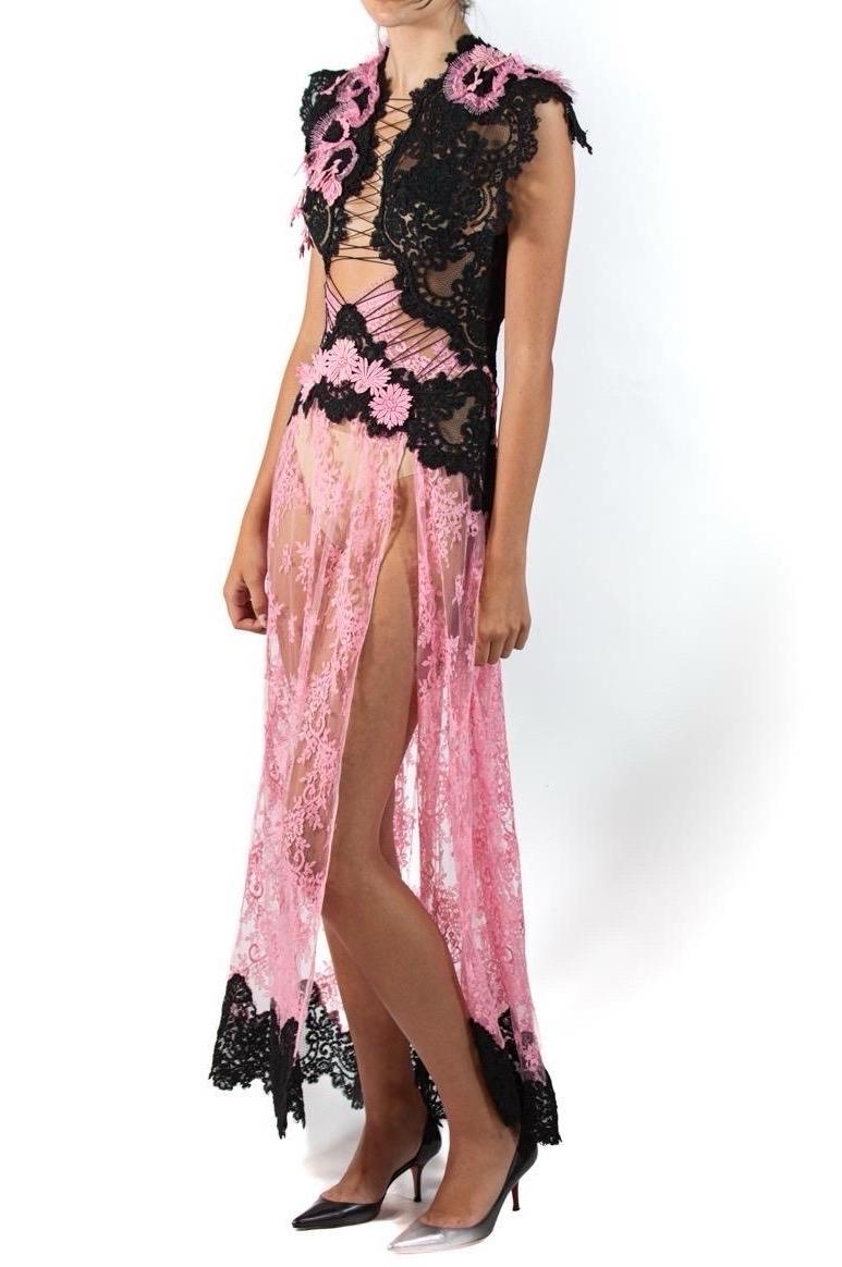 Morphew Atelier Pink & Black Vintage Lace Gown For Sale 5