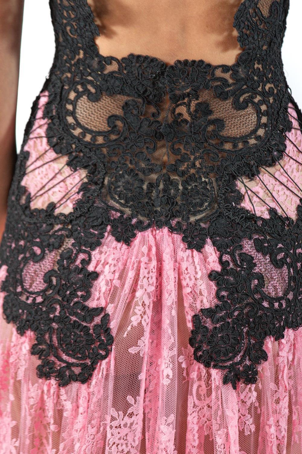 Morphew Atelier Pink & Black Vintage Lace Gown For Sale 6