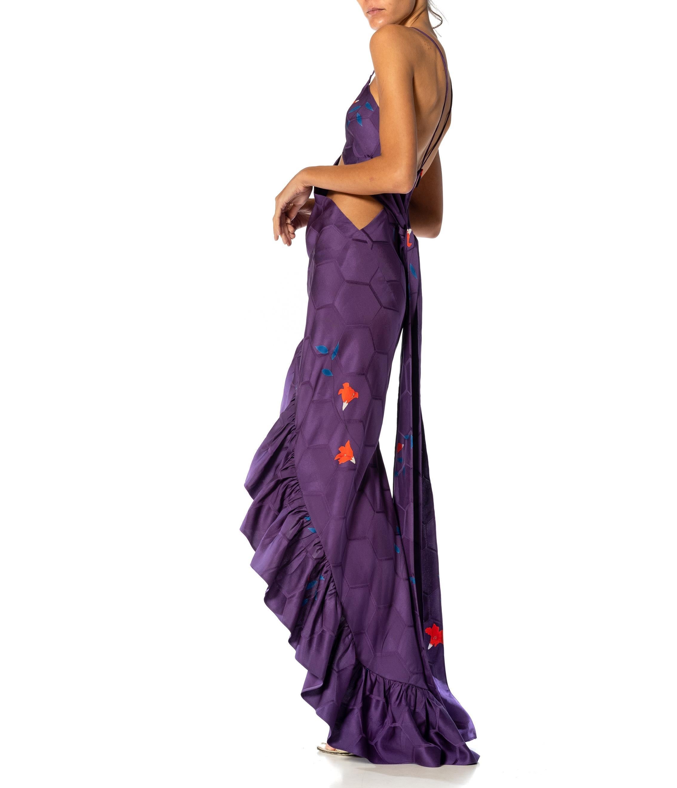 MORPHEW ATELIER Purple Bias Cut Japanese Kimono Silk Gown For Sale 3