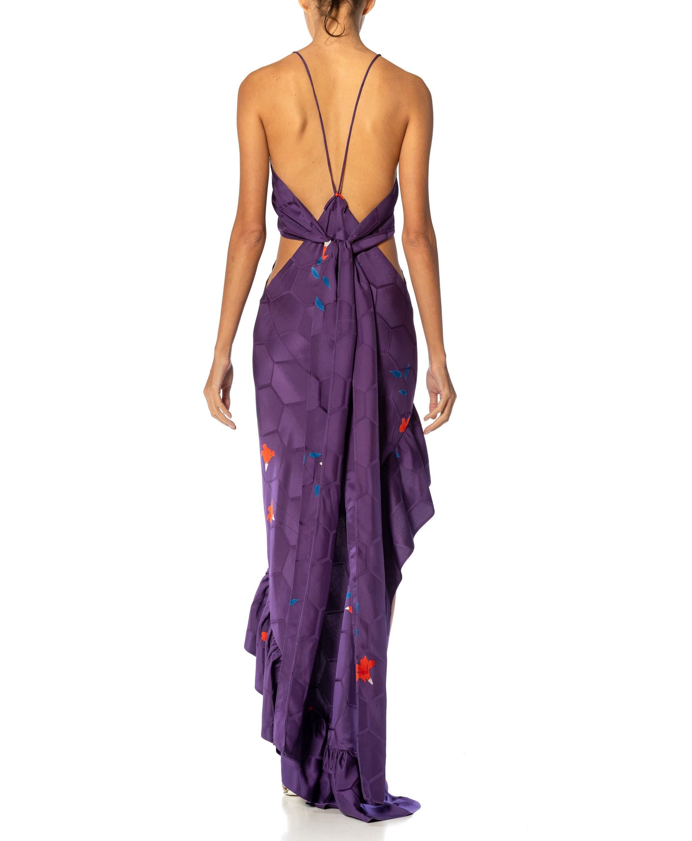 MORPHEW ATELIER Purple Bias Cut Japanese Kimono Silk Gown For Sale 4