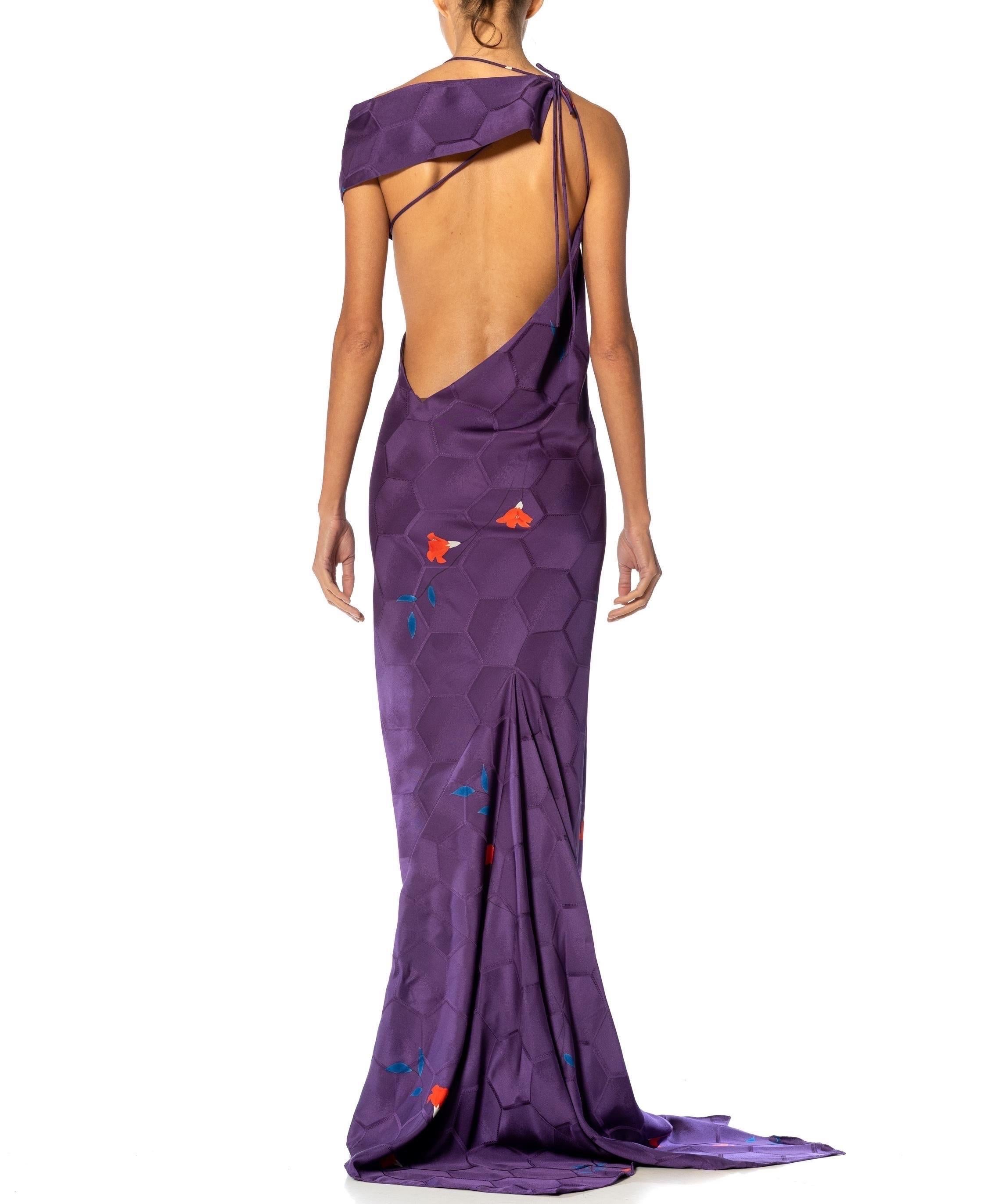 MORPHEW ATELIER Purple Bias Cut Japanese Kimono Silk Petal Trained Gown For Sale 6