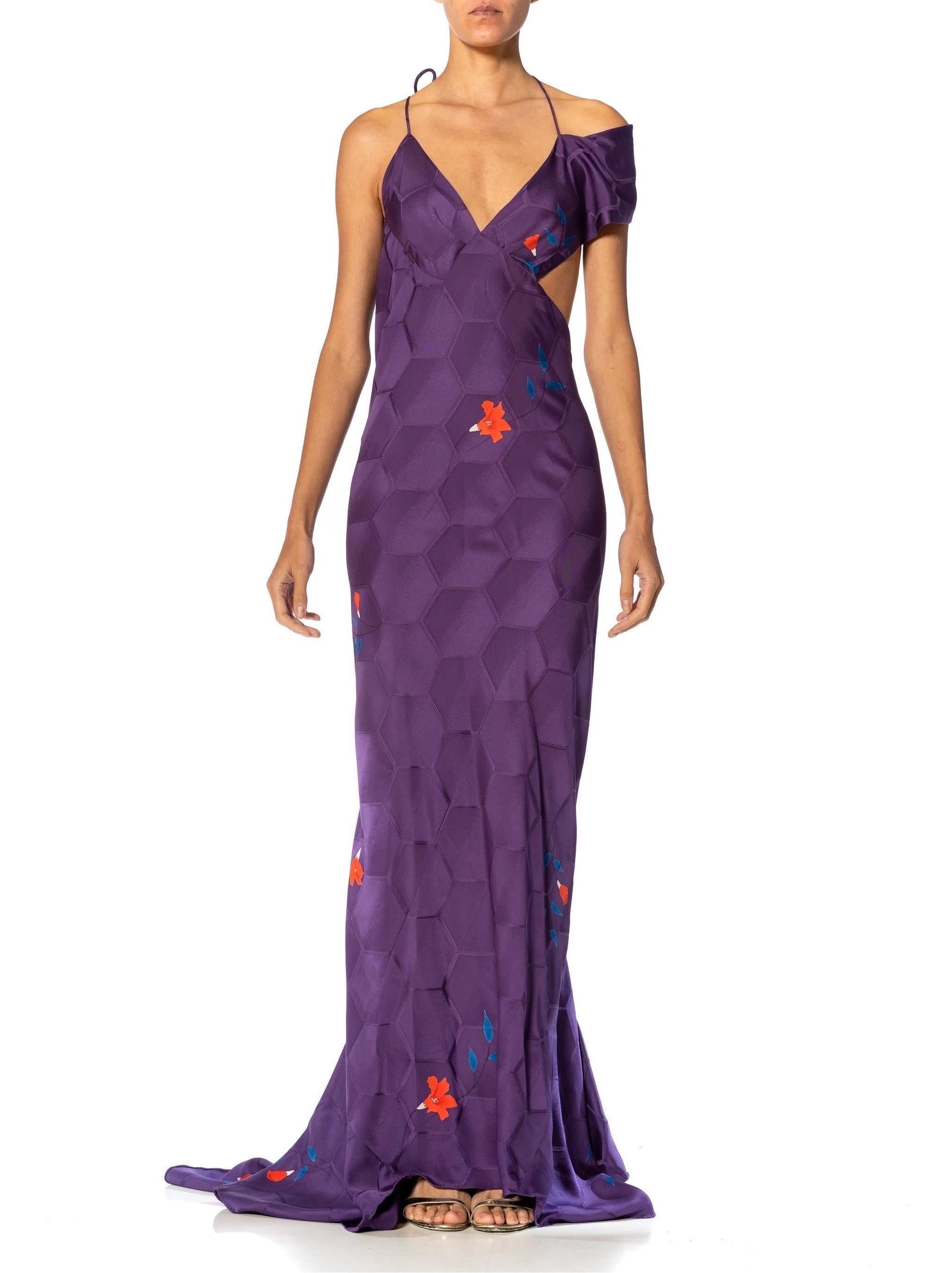 This dress is made from 100% recycled fabrics MORPHEW ATELIER Purple Bias Cut Japanese Kimono Silk Petal Trained Gown 