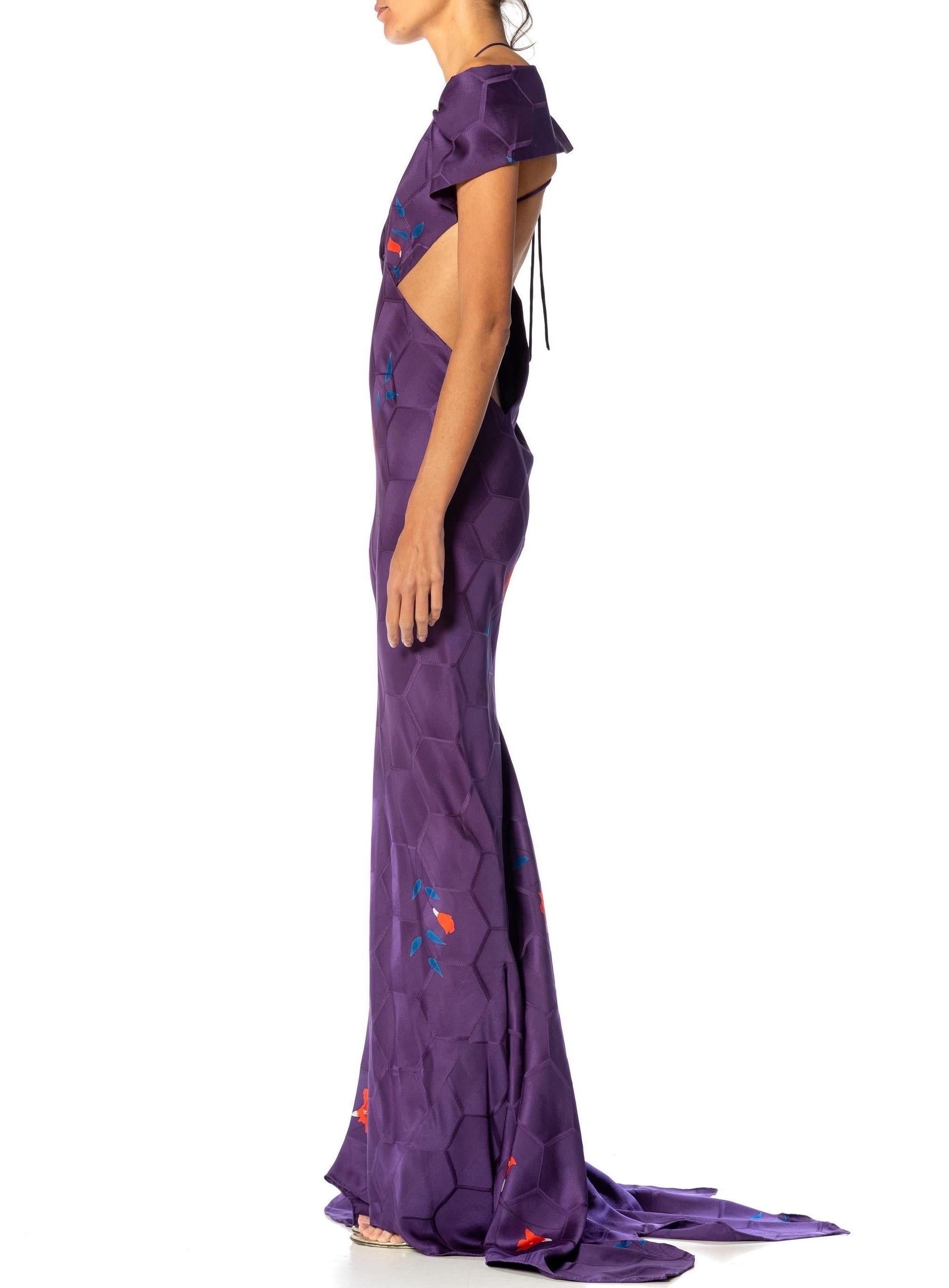 MORPHEW ATELIER Purple Bias Cut Japanese Kimono Silk Petal Trained Gown In Excellent Condition For Sale In New York, NY