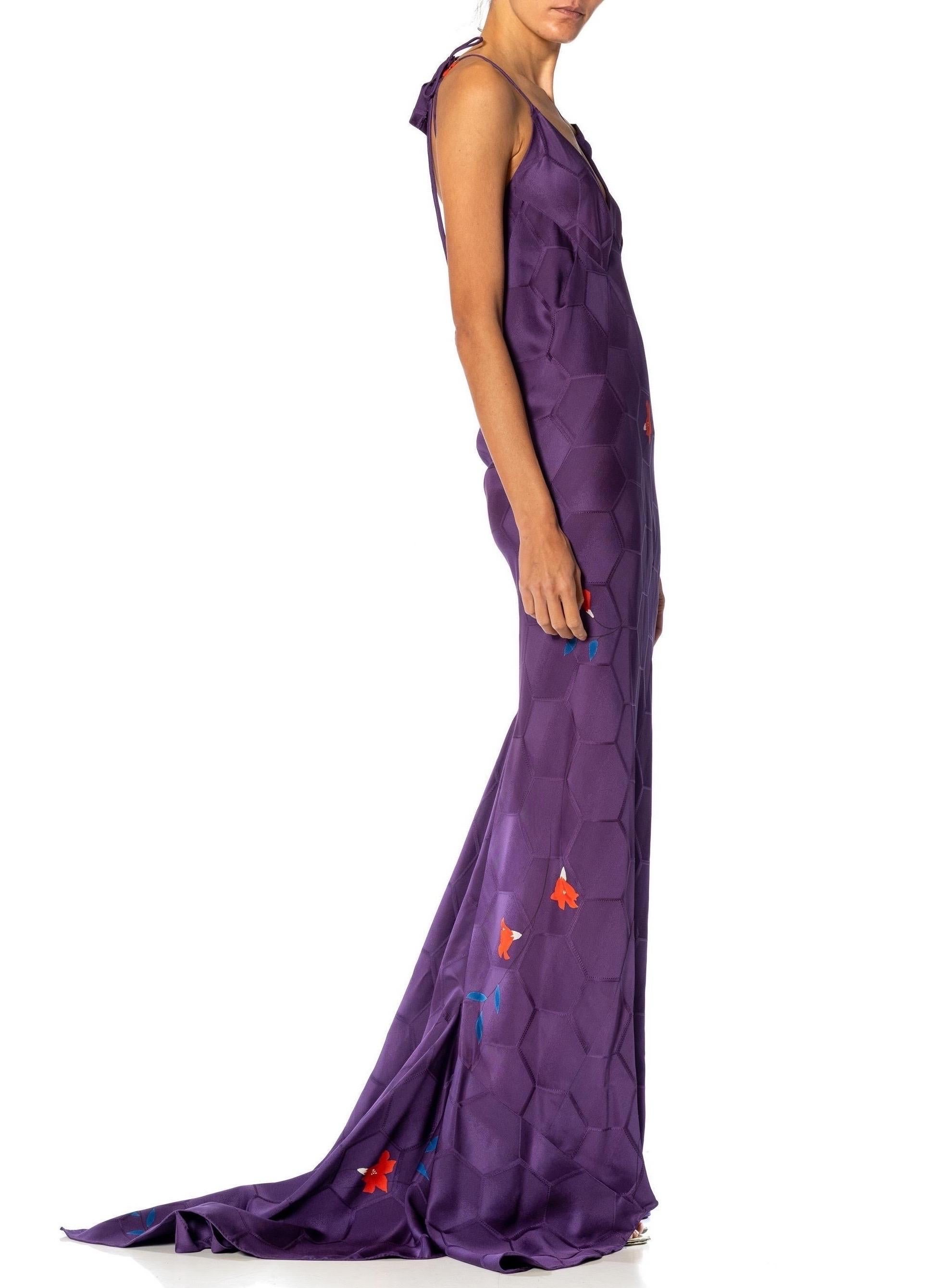 Women's MORPHEW ATELIER Purple Bias Cut Japanese Kimono Silk Petal Trained Gown For Sale